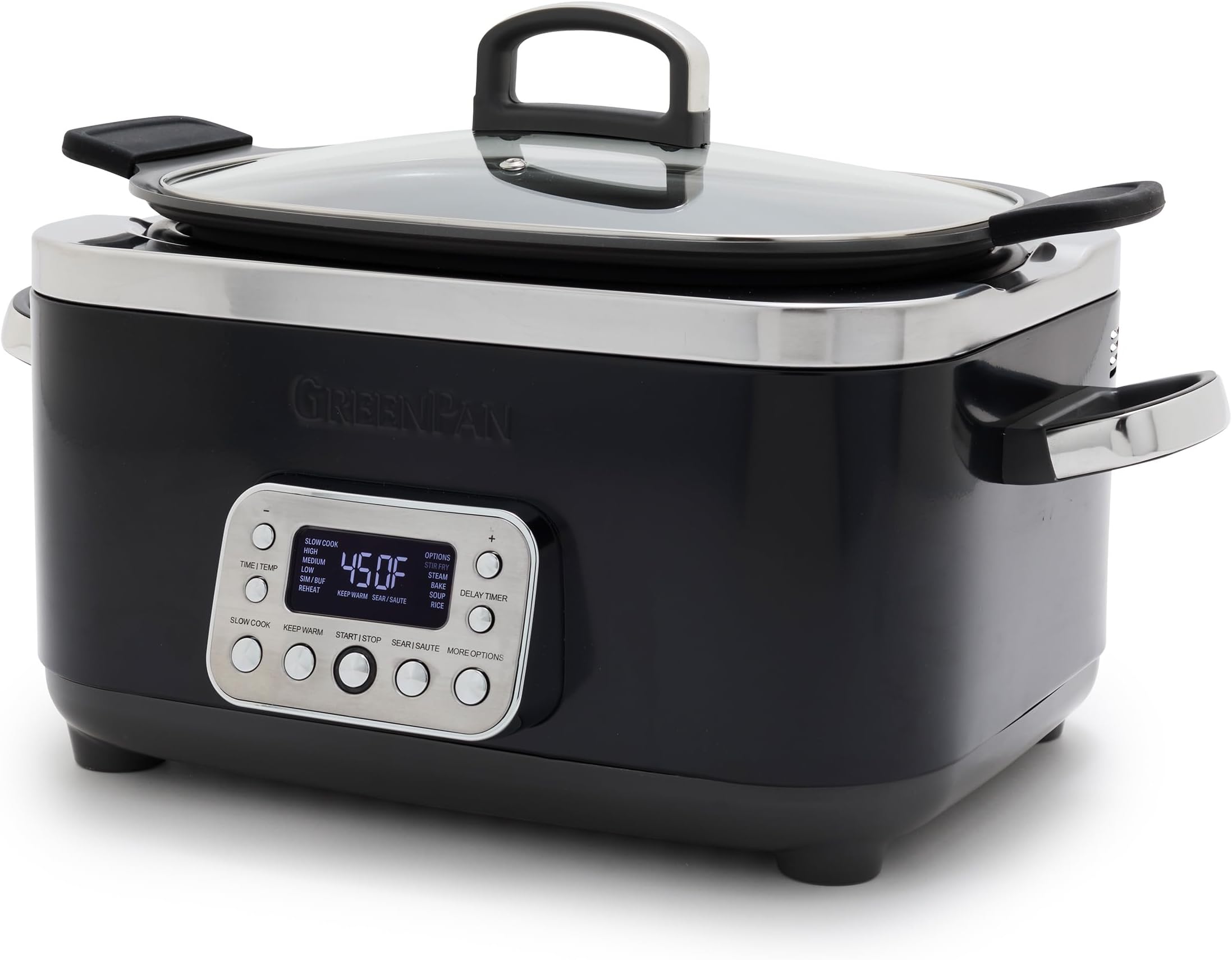 GreenPan Elite 14-in-1 Nonstick 6QT Electric Slow Cooker, PFAS-Free Ceramic Multi-Cooker, In-Pot Browning, Dishwasher Safe Lid & Removable Crock, Stainless Steel Steamer, Silicone Handles, Black