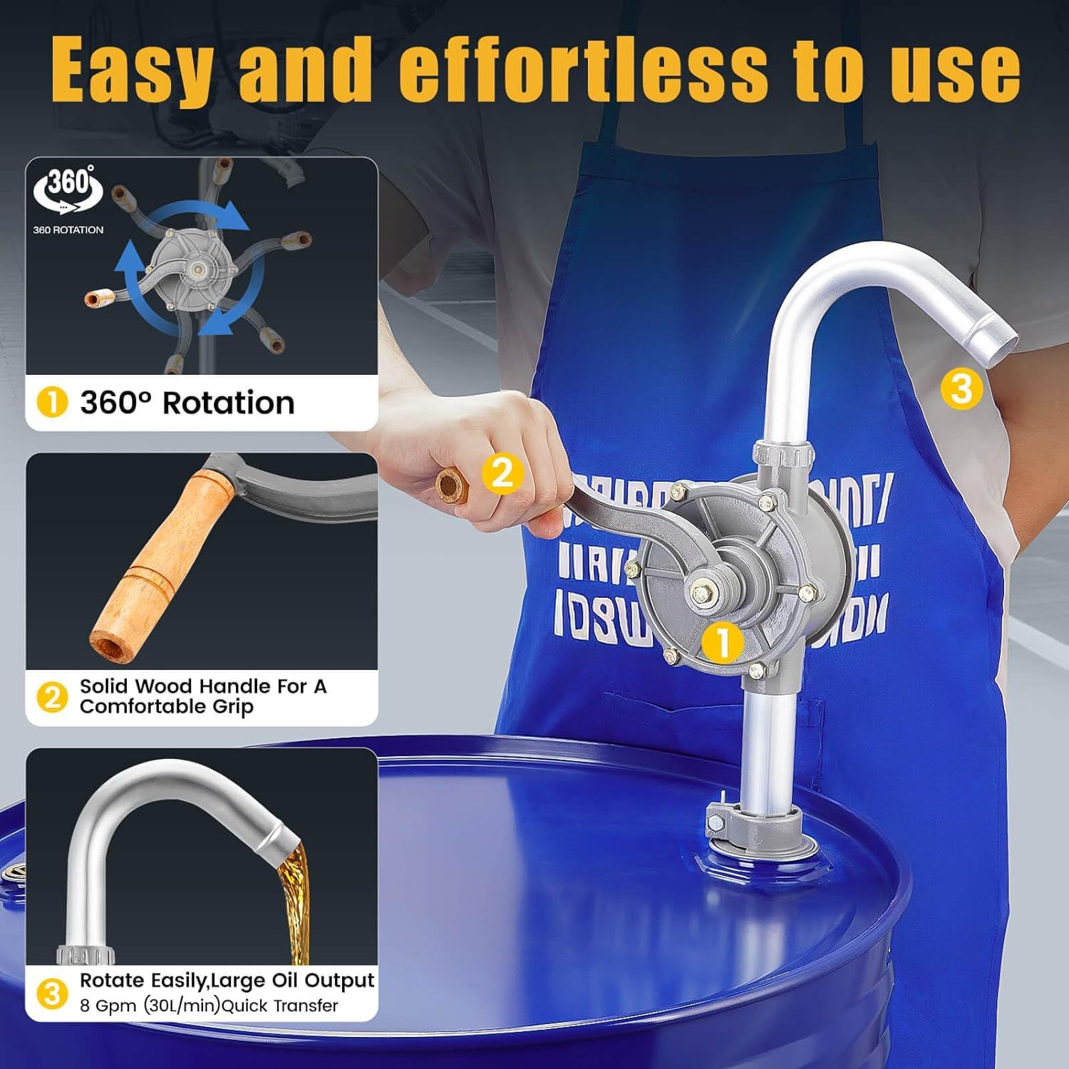 Pompe à huile pour baril d'huile - Pompe manuelle pour fûts d'huile - En alliage d'aluminium - Manivelle rotative - Pour transfert de carburant diesel, essence, kérosène