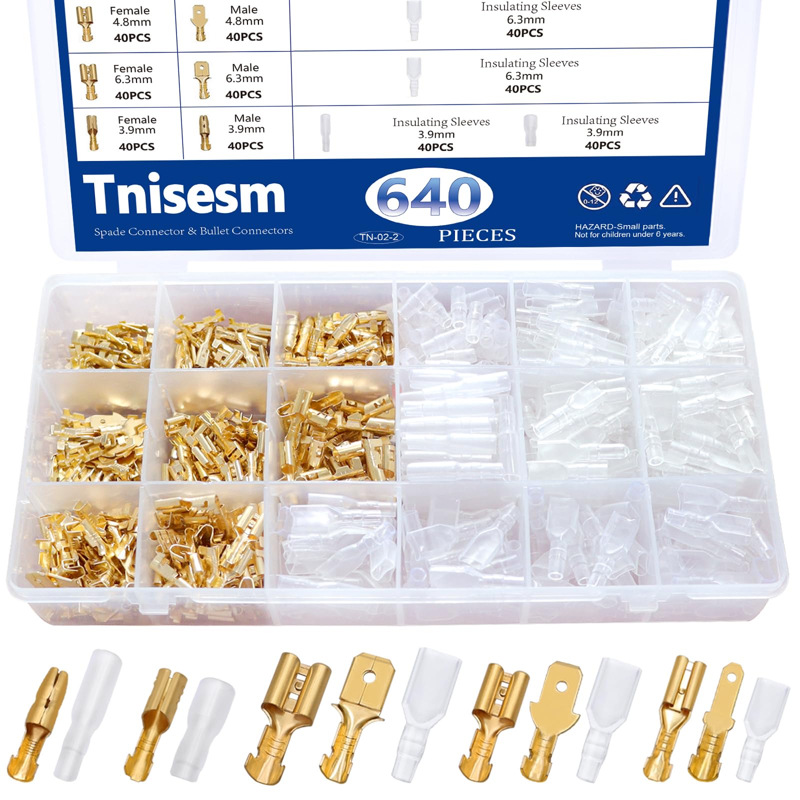 Tnisesm 640Pcs 2.8/4.8/6.3mm Male and Female Spade Connector & Bullet Connectors Terminals Wire Crimp Terminal with Insulating Sleeve Assortment Kit for Car Audio Speaker Electrical Wiring TN-02-2
