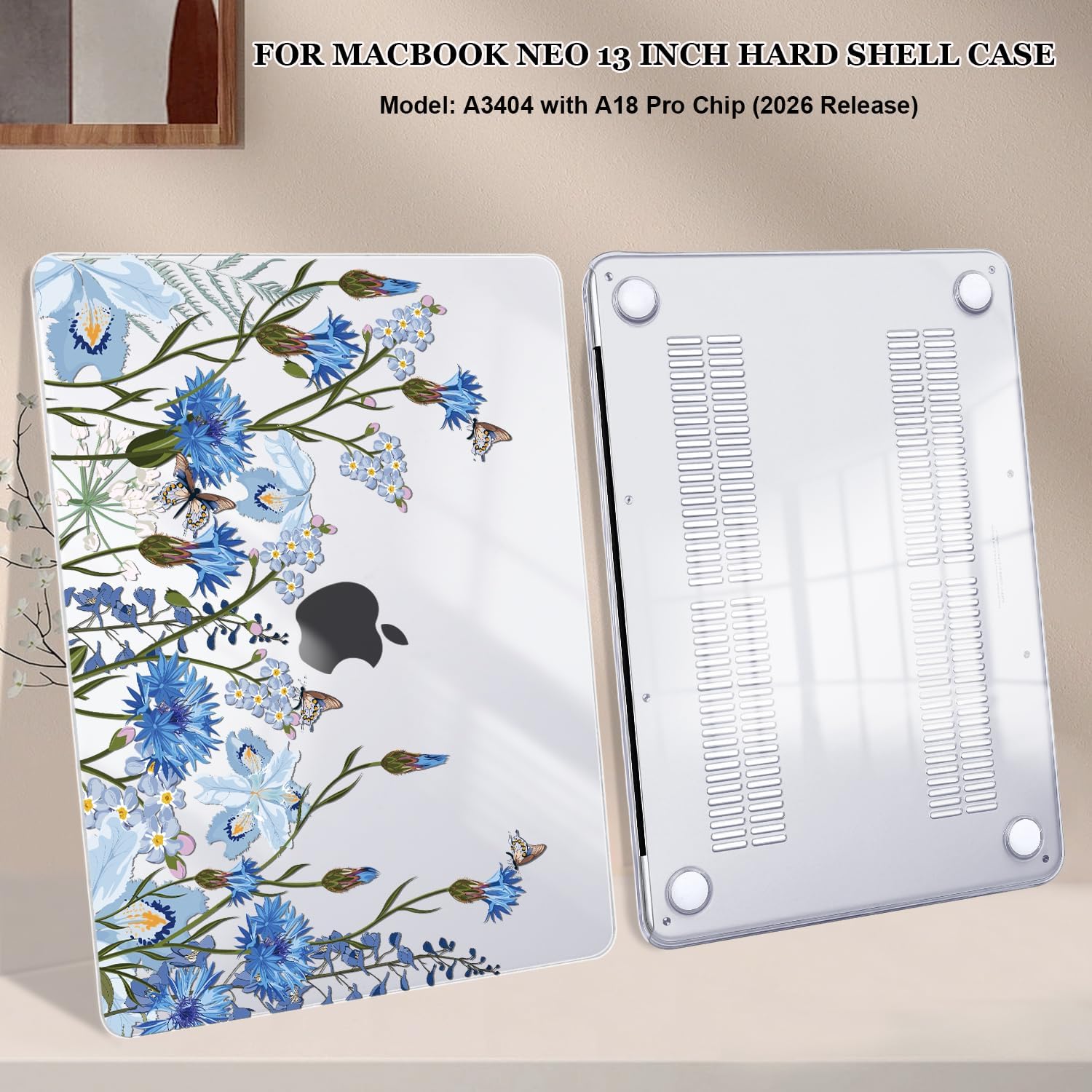 Compatible with MacBook Neo 13 inch Case 2026 (Model A3404), Printed Pattern Hard Shell Laptop Case with Keyboard Cover & Screen Film, Slim Plastic Protective Cover, Tropical Blue Flowers