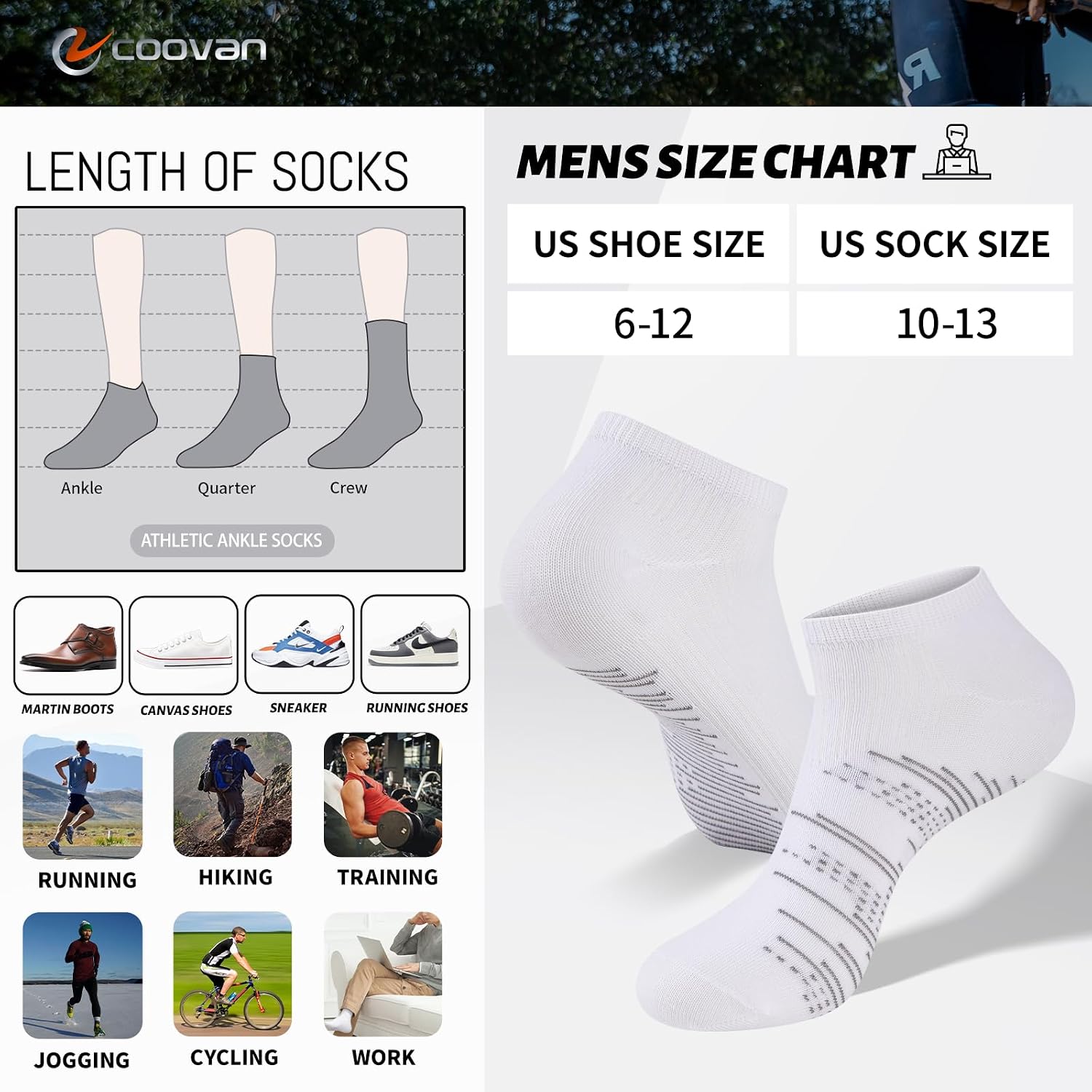 COOVAN 15 Pairs Mens Ankle Thin Socks Lightweight Low Cut Breathable Casual Socks for Men