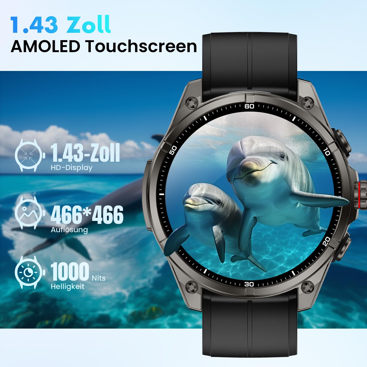 Rogbid Smartwatch dla mężczyzn, GPS, zegarek sportowy, 1,43" HD AMOLED, 5 ATM, wodoszczelny, metalowy, wojskowy smartwatch, tracker aktywności fizycznej z kompasem, krokomierzem, monitorem snu, tętnem