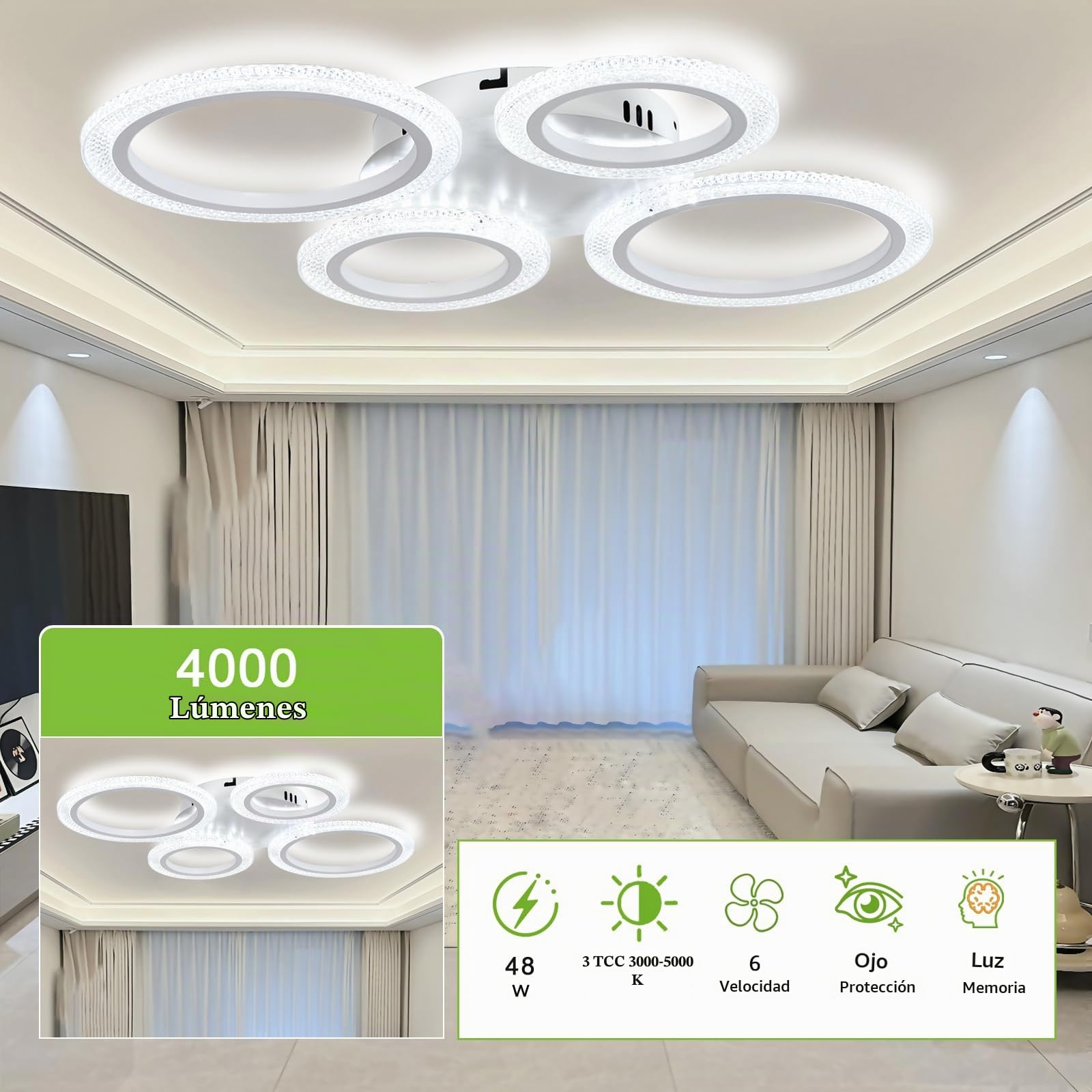 Lámpara de Techo Led Inteligente Moderna con Control Remoto y App, 48W Ceiling Lamp Regulable, 3 Temperaturas de Color, Modo Memoria y Timer, Para Dormitorios, Salones y Cocinas, Blanco
