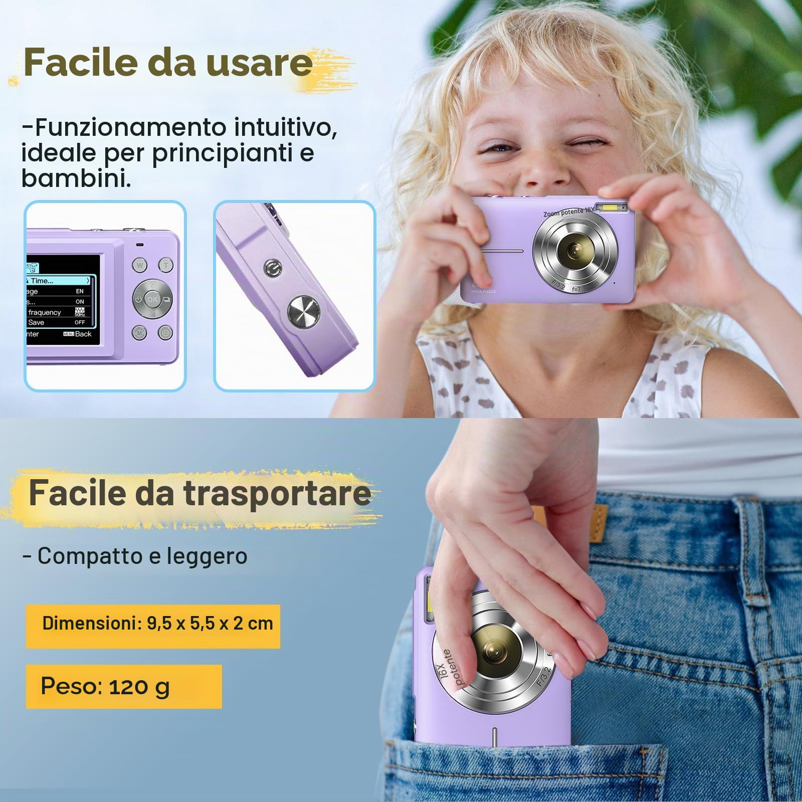 Fotocamera digitale FHD 1080P 44MP fotocamera fotografica 16X zoom digitale fotocamera con batteria portatile semplice fotocamera digitale per bambini, studenti, adolescenti Viola