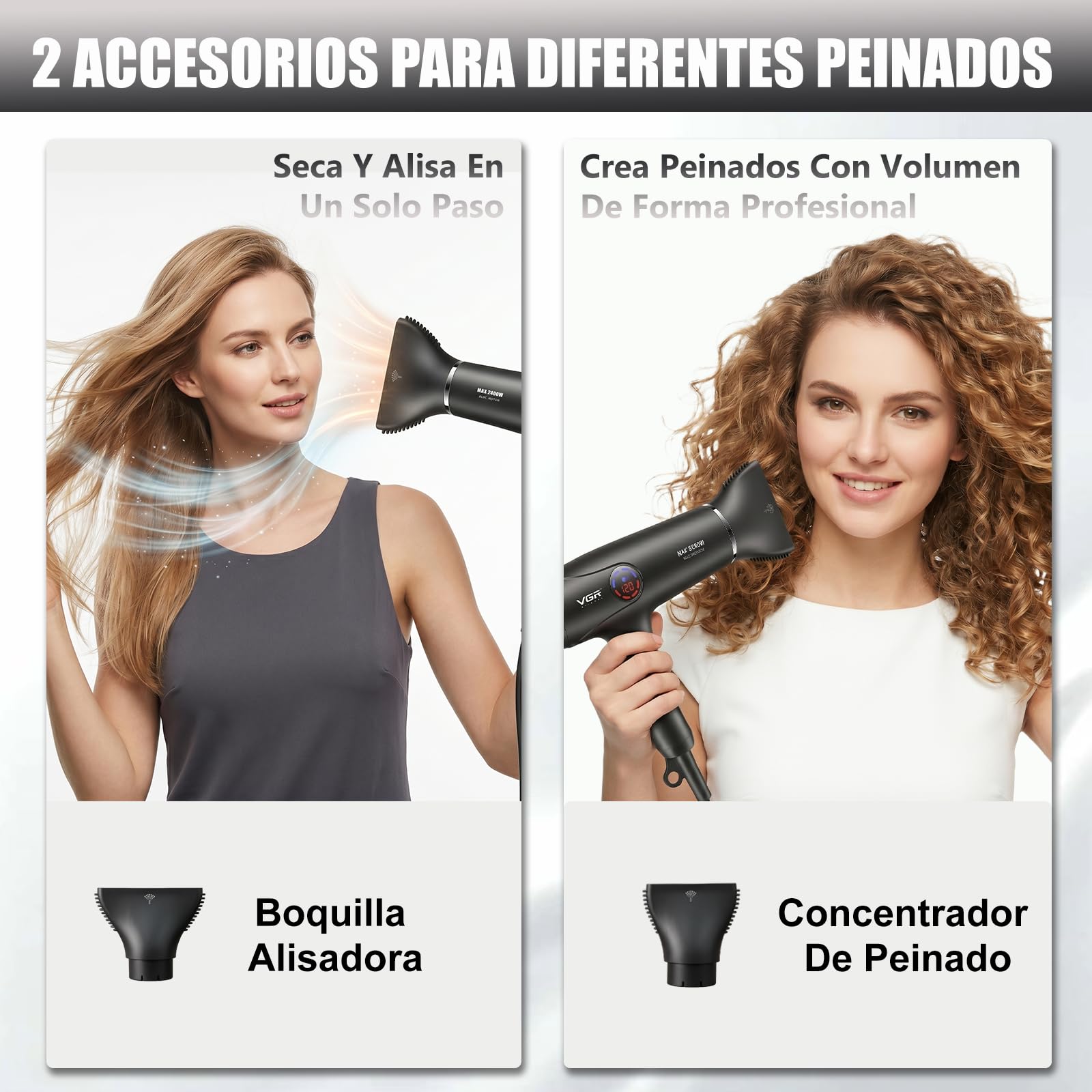 VGR 469 Secador de Pelo Profesional, Motor BLDC 2400 W, Secado Rápido | Incluye difusor, botón de aire frío, 4 temperaturas, pantalla LED y función de bloqueo