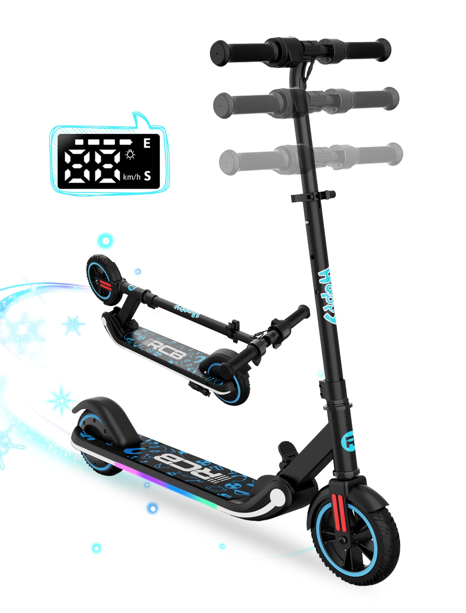 RCB Patinete Eléctrico para Niños 6-12 Años, 150W Motor - Máx.16 Km/h - Luz LED Arcoíris - Plegable - Pantalla LED - Velocidad y Altura Ajustables, Regalo para niños y Adolescentes