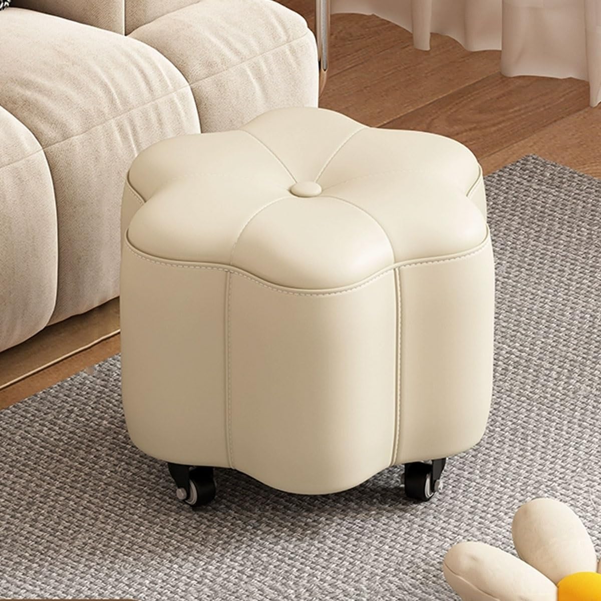 Pouf moderne en forme de pétale blanc avec roulettes pour salon et chambre