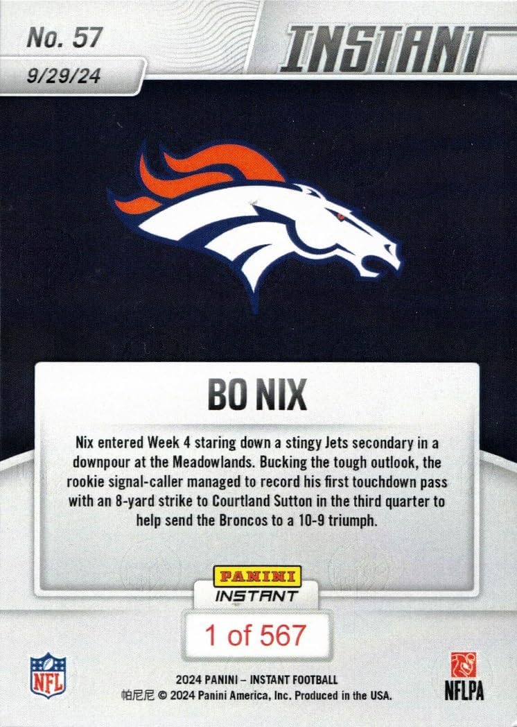 2024 Panini Instant Football #57 Bo Nix Rookie Card Broncos - Only 567 made!
