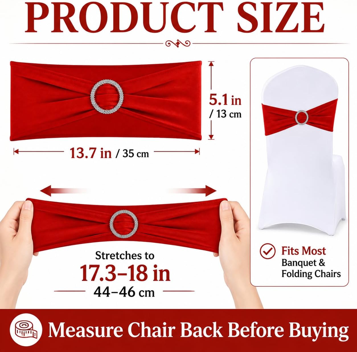 50 Pcs Red Chair Sashes, Red Sashes for Chairs, Stretch Spandex Ribbon Bands, Wedding Decorations for Covers, Banquet, Party and Reception