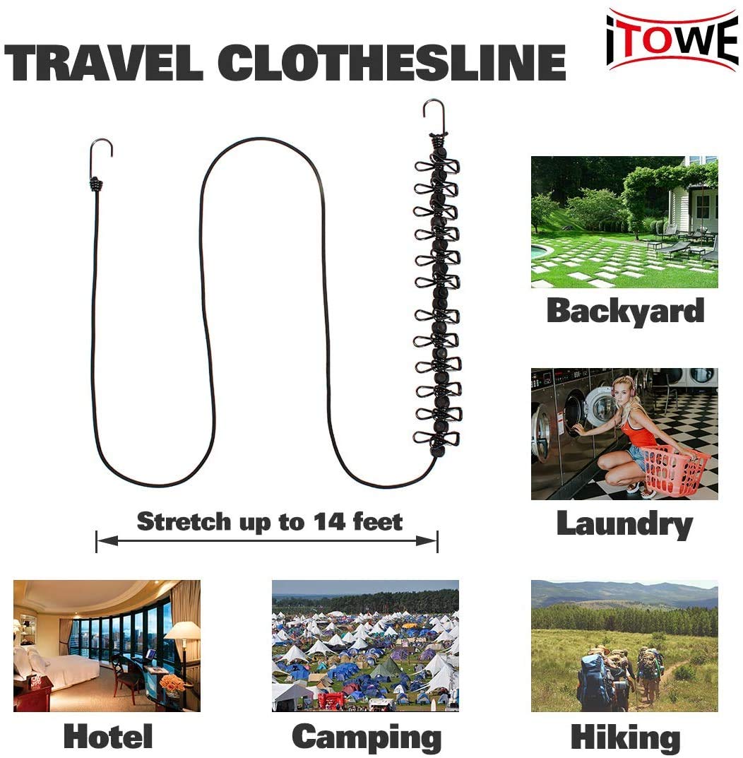 iTOWE 2Pack Portable Clothesline with 12 Pins Travel Clothesline