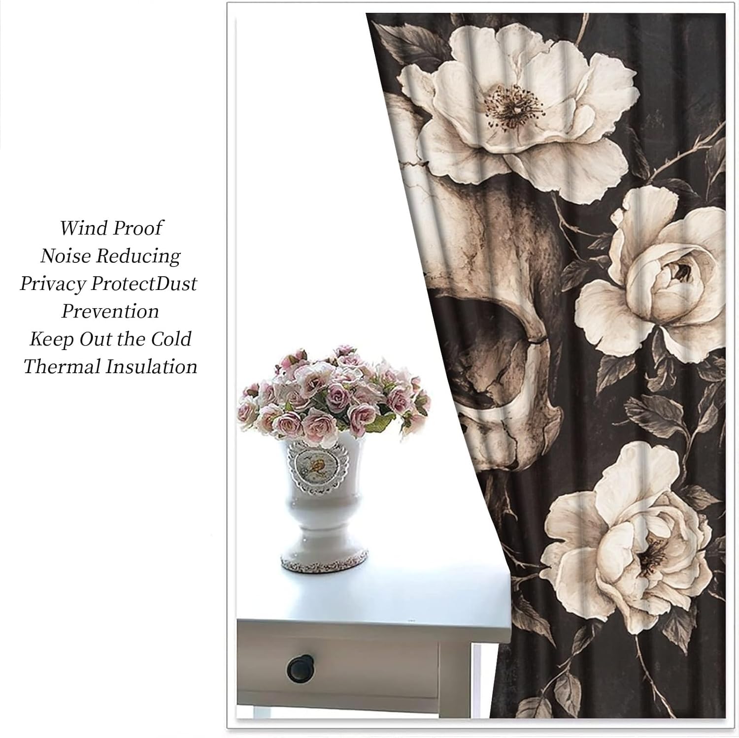Skull Curtains for Bedroom Living Room Floral Blackout Curtains Gothic Room Darkening Drapes Grommet Window Treatments Set of 2 Panels, 27" W x 39" L x2