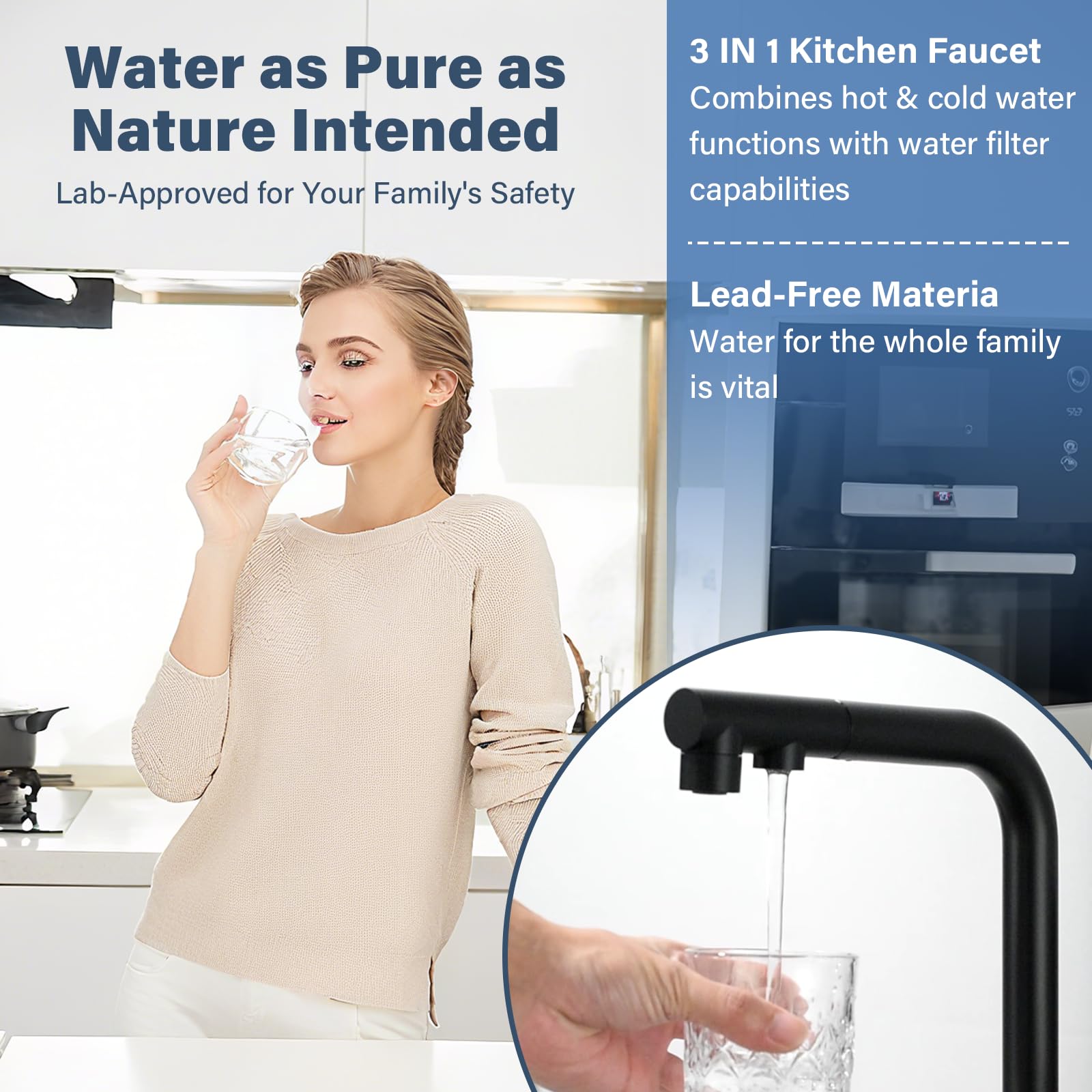 3 Wege Wasserhahn Küche Küchenarmatur 360° Schwarz Schwenkbar Ausziehbar Spültischarmatur 3 in 1 Mischbatterie Küche für Wasserfilter,Trinkwasserhahn mit 2 Hebel ABS Kunststoffdüse