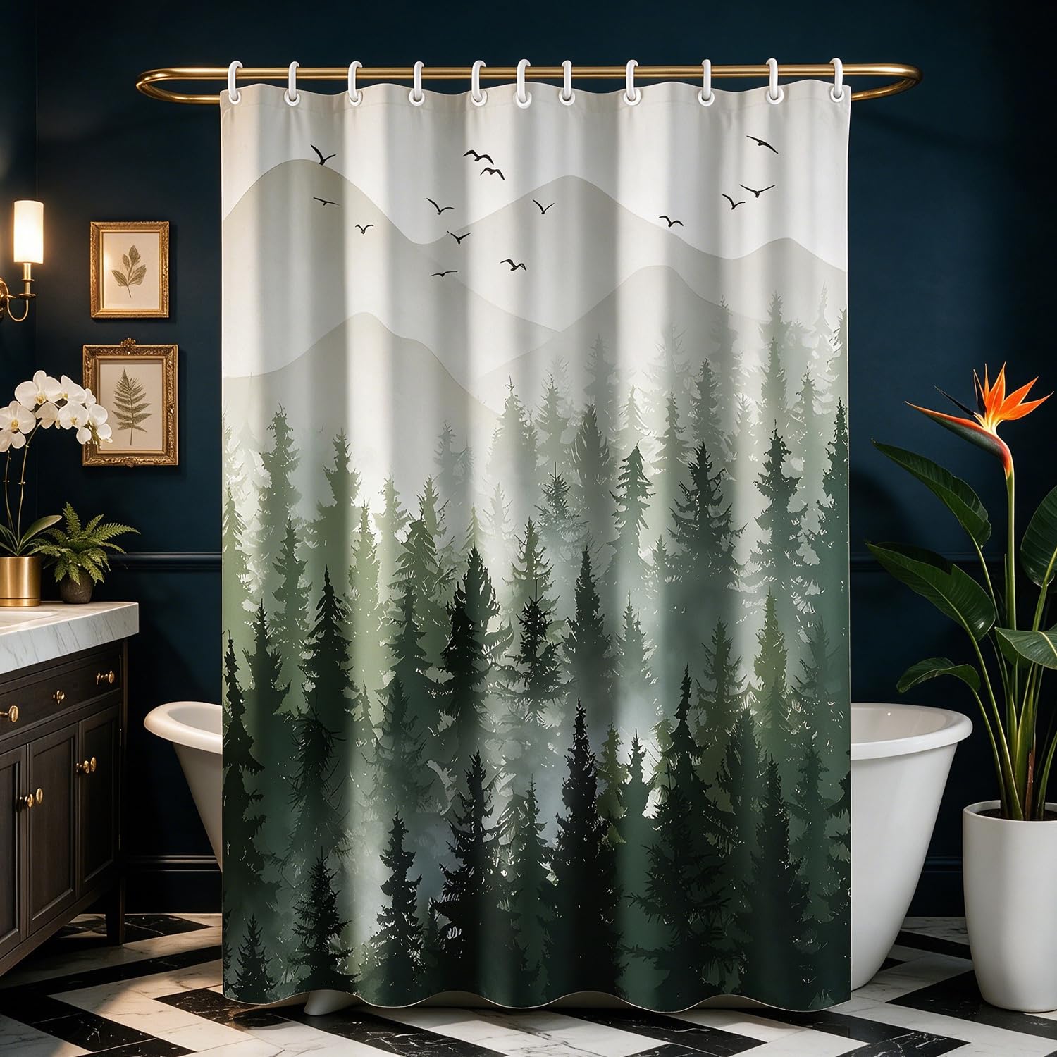 Lerores Shower Curtain, 100 x 180 cm, Forest Anti-Mould Textile, Weighted Hem Water-Repellent, Washable Polyester Fabric Bath Curtains with 12 Eyelets and Shower Curtain Rings for Bathroom, Bathtub