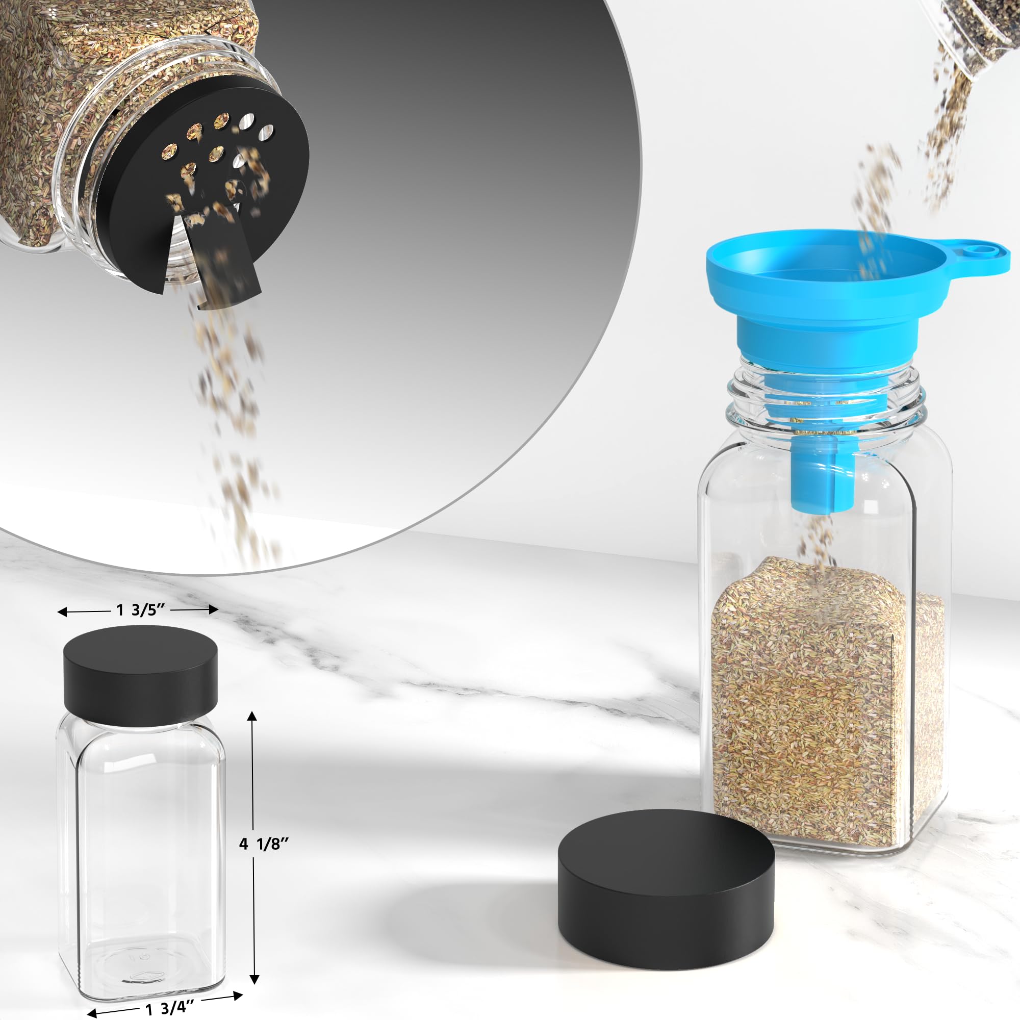Barattoli per spezie con inserto spargispezie, 48 x 120 ml + 240 etichette, ermetici, impermeabili, ermetici, rettangolari, set di barattoli per spezie, colore nero
