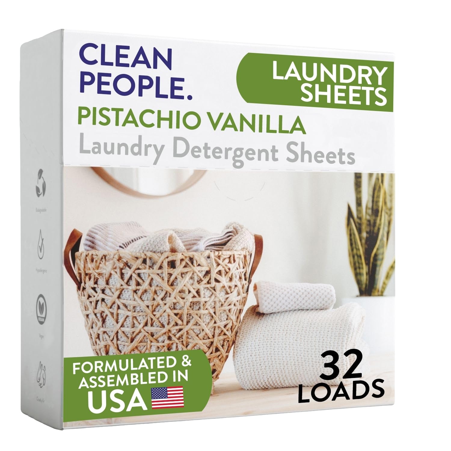 The Clean People Laundry Detergent Sheets - Laundry Soap - Ultra Concentrated, Recyclable Packaging, Stain Fighting - Pistachio Vanilla, 32 Pack