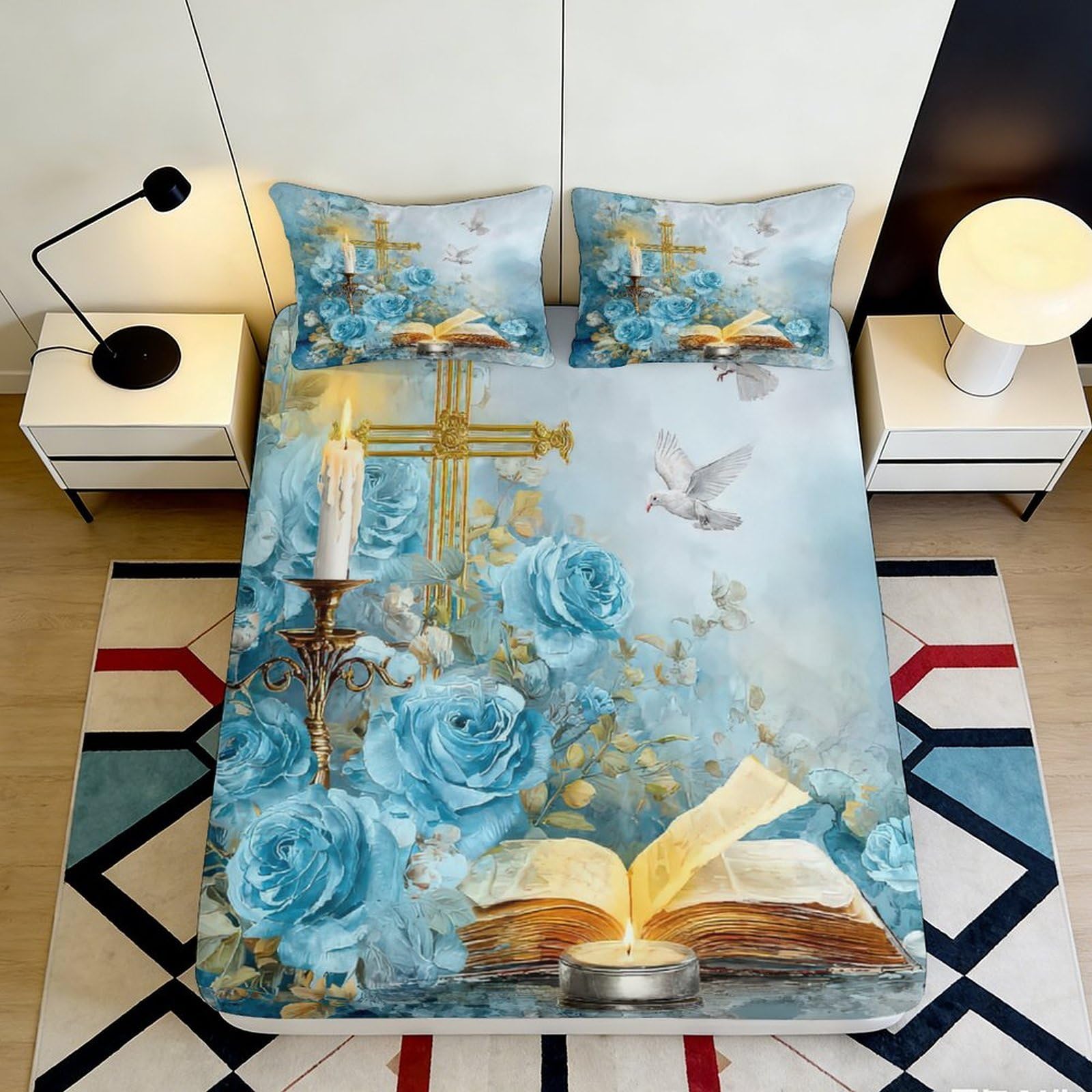 3D Printed Blue Rose Cross Fitted Sheet Microfiber Bedroom Decor Dove Candle Mattress Cover for Home Dorm 90x200x25cm