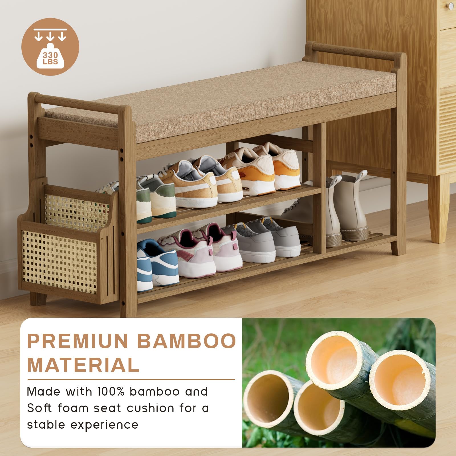 Homaxy 2-stöckiges Schuhregal Bank mit Seitenhalter 106,4 cm Bambus-Eingangsbank Schuhregal Organizer mit Kissen Walnuss Hellbraun