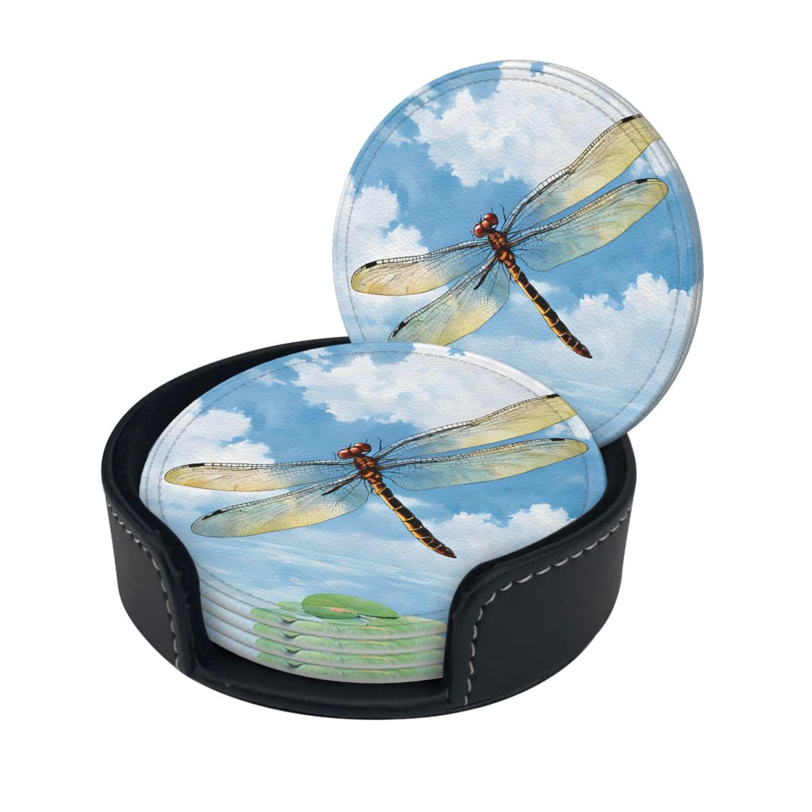Dragonfly Lotus Print Coaster,Round Leather Coasters with Storage Box for Wine Mugs,Cold Drinks and Cups Tabletop Protection (6 Piece)