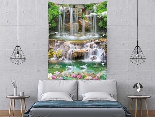 Miniatura 3 de BELECO Tapiz de cascada de parque forestal, telón de fondo pintoresco de cisne, lago de loto, estanque de árboles verdes, fondo de fotos, tapiz de