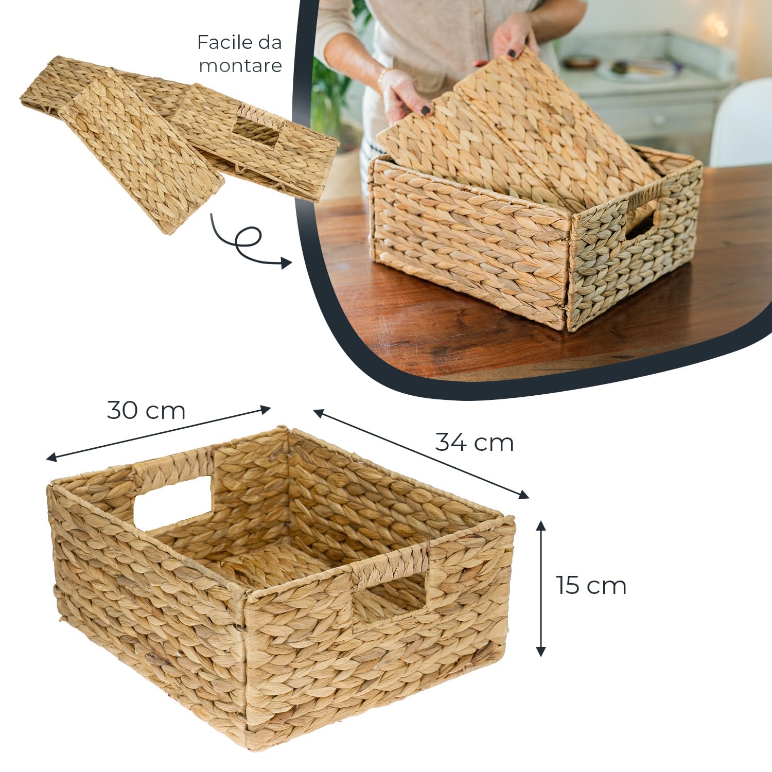 HMF Cestino portaoggetti, cestino intrecciato in giunco acquatico | Set da 4 | adatto per metà scomparto Kallax | 30 x 34 x 15 cm