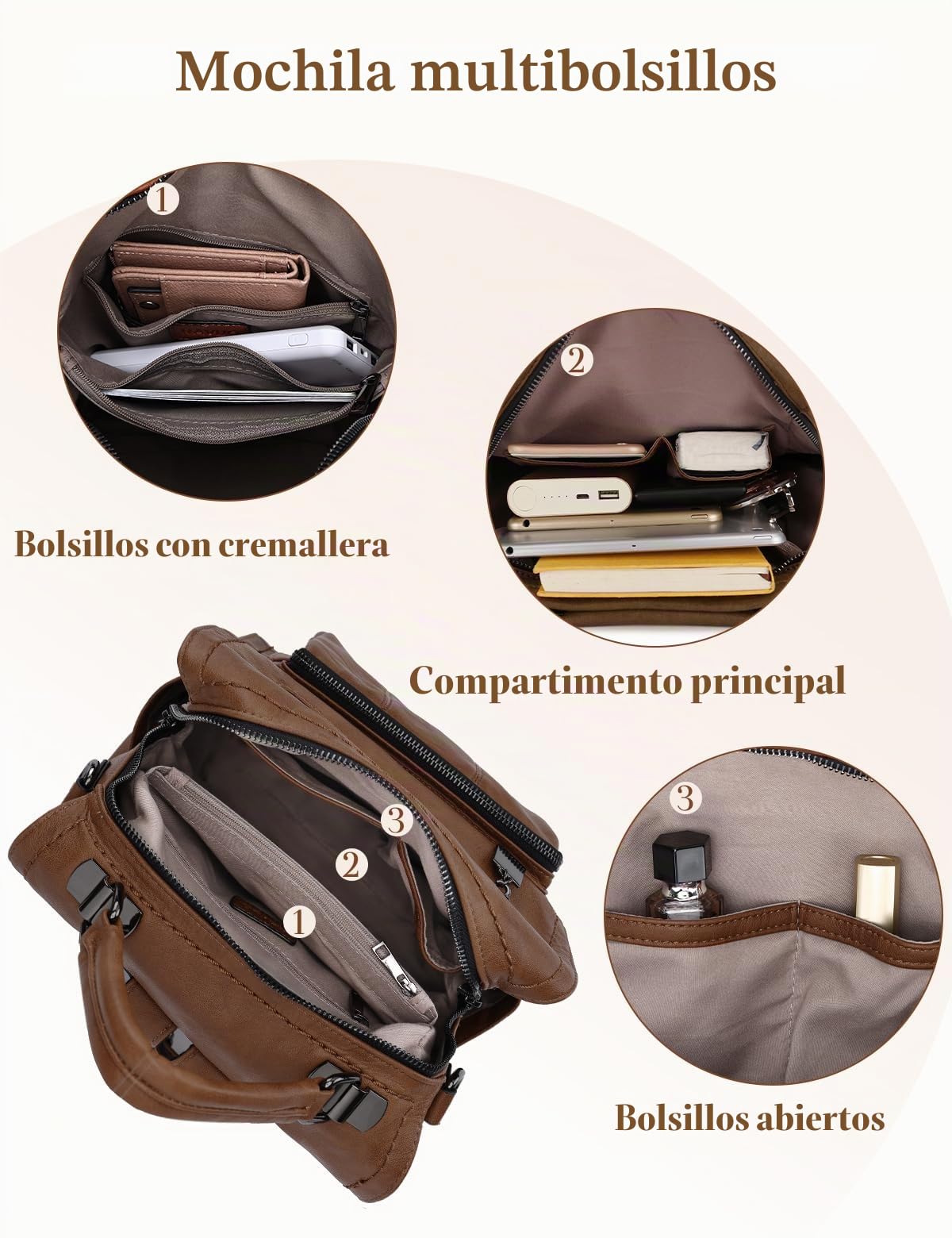RAVUO Mochila Pequeña Mujer,Impermeable Bolso Mochila de Cuero Pu Mini Mochila Casual Bolso de Mano para Viaje Escolar,Marrón