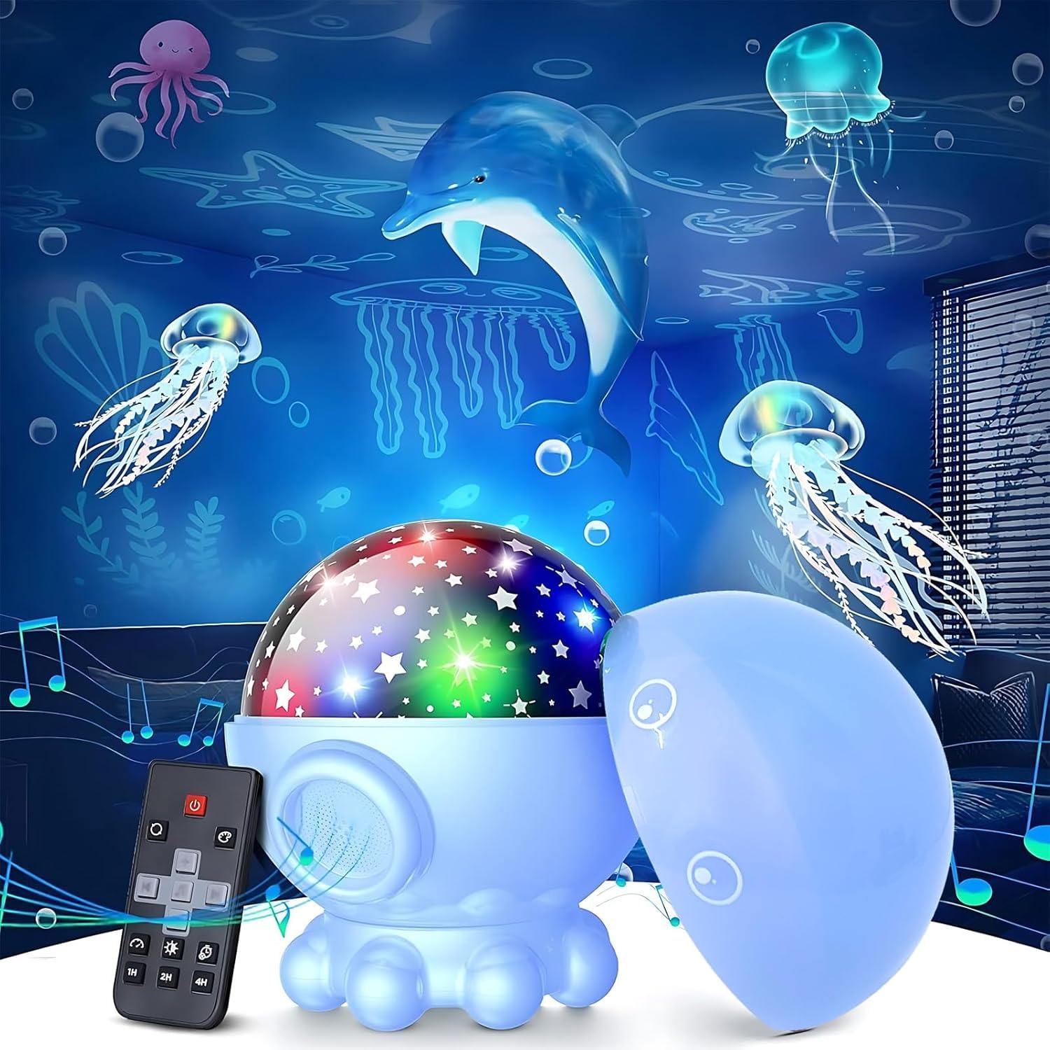 Wekity Octopus Night Light Projector -17 Light Modes Ocean Star Projector with 360° Rotation,3 Projection Films,9 Lullaby Songs, Night Lights with Remote&Timer for Birthday Holidays Gifts (Blue)