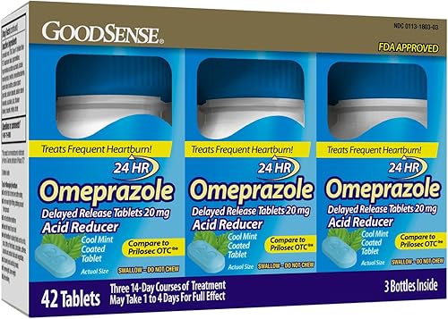 GoodSense Omeprazol - Tabletas de liberación retardada de 20 mg, menta fresca, reductor de ácido, trata la acidez estomacal frecuente, 42 unidades
