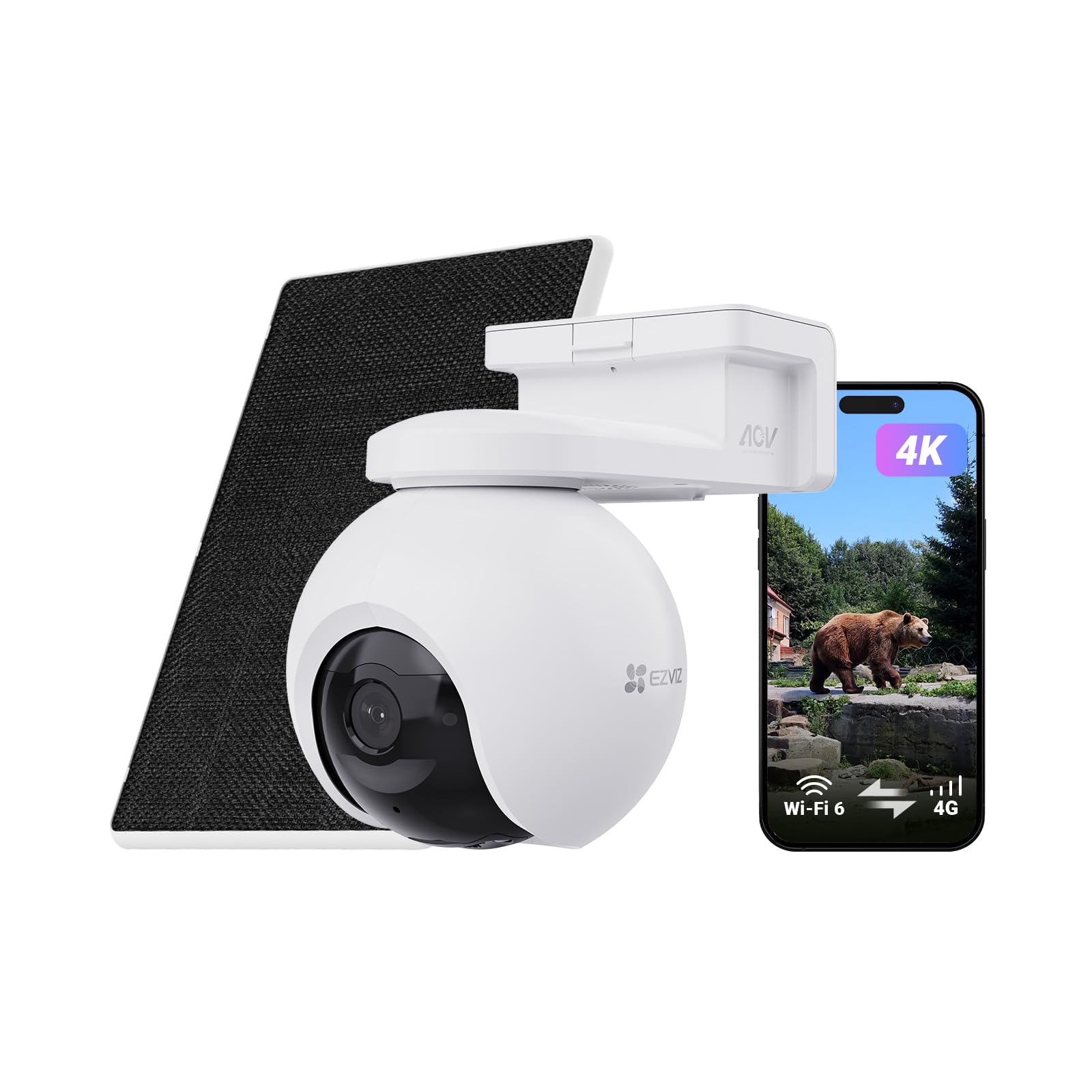 EZVIZ 4G LTE 4K Camera Surveillance WiFi exterieure sans Fil avec Panneau Solaire, 4G/Wi-FI basc.Auto, Mode AOV, Détection 20+ Formes d'animaux, Humaine/véhicule, 360° PTZ, EB8 Pro 4G 8MP Kit