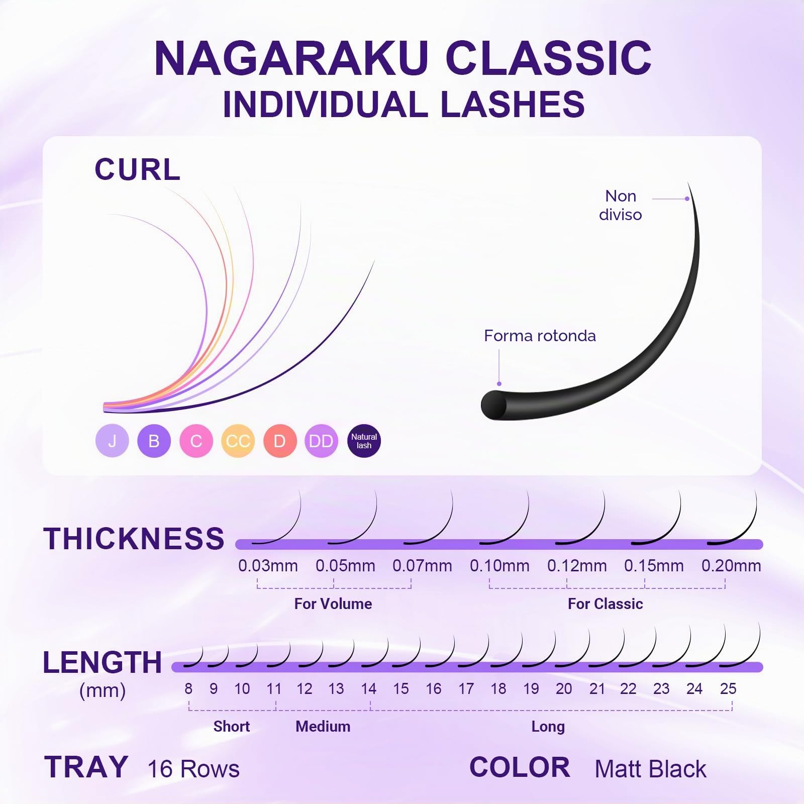 NAGARAKU Individuali Ciglia Classiche 1:1 Extension Ciglia Professionali Effetto Volume Russo Leggere Morbide Naturali Punte Long Taper Sottili Radici Senza Colla Nero Opaco 16 Rows (0.07mm C 7-15mm)