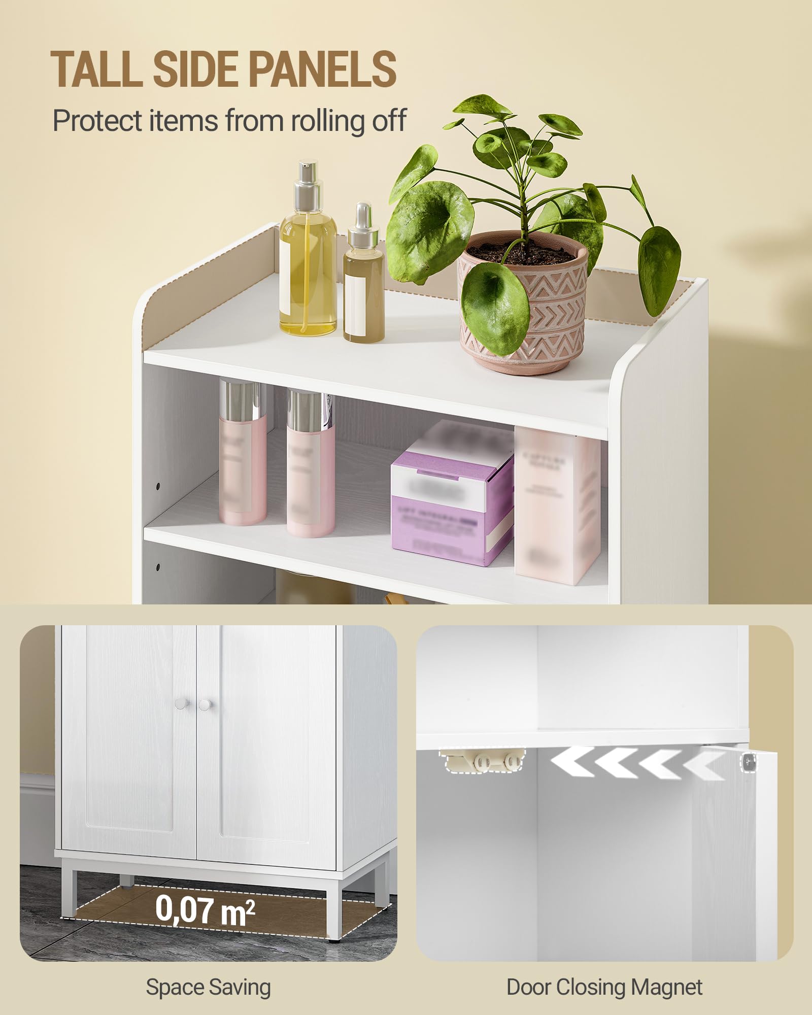 Hzuaneri Badezimmerschrank, Badschrank, Küchenschrank mit 2 offenen Fächern, 2 Türen, 2 verstellbaren Einlegeböden, Freistehender Badezimmer, 20 × 37 × 84 cm, Weiß BC48213W