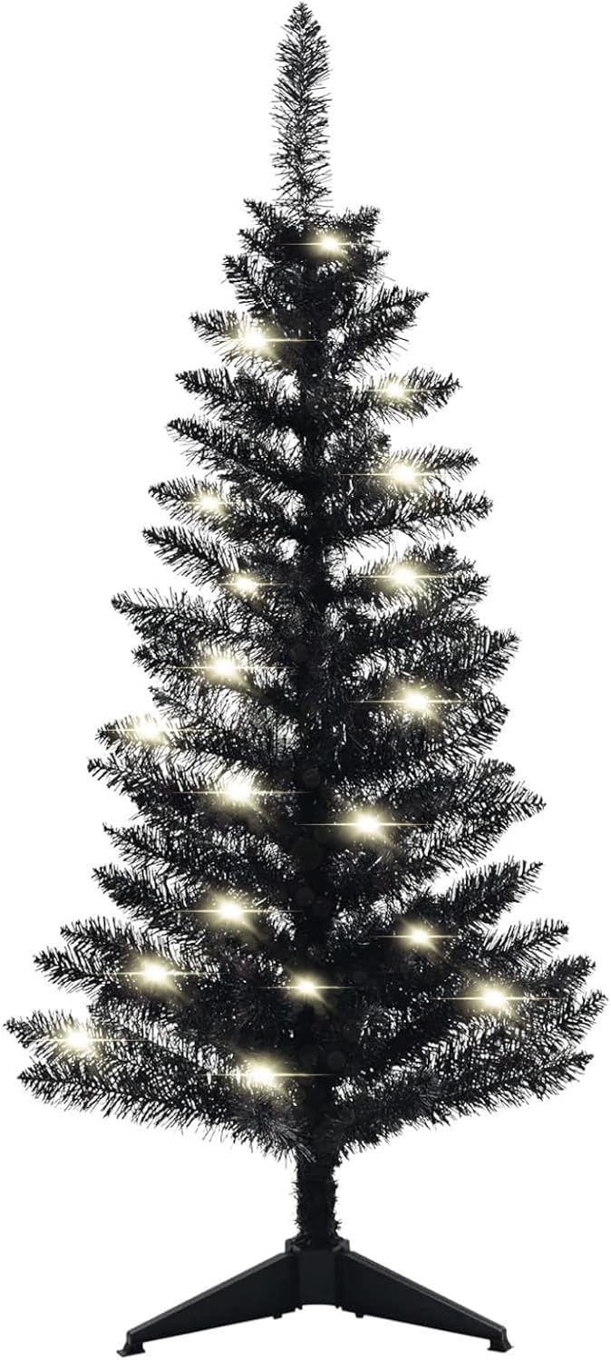 4FT Black Christmas Tree with Lights, Pre-Lit Halloween Trees Small Black Xmas Tree, 50 Warm White Lights, Mini Tabletop Christmas Tree for Home, Shops and Holiday Decoration