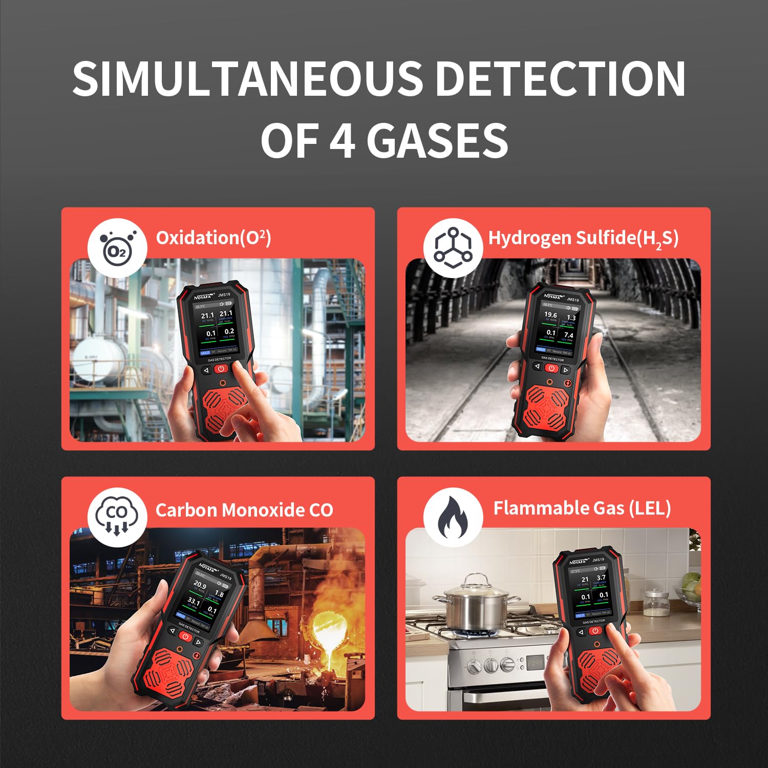 NOYAFA JMS19 Detector de gas, 4 monitores de gas para H2S, CO, LEL y O2, con alarmas de vibración, visuales y audibles, batería de 15 horas de duración, seguridad a prueba de explosiones, para el