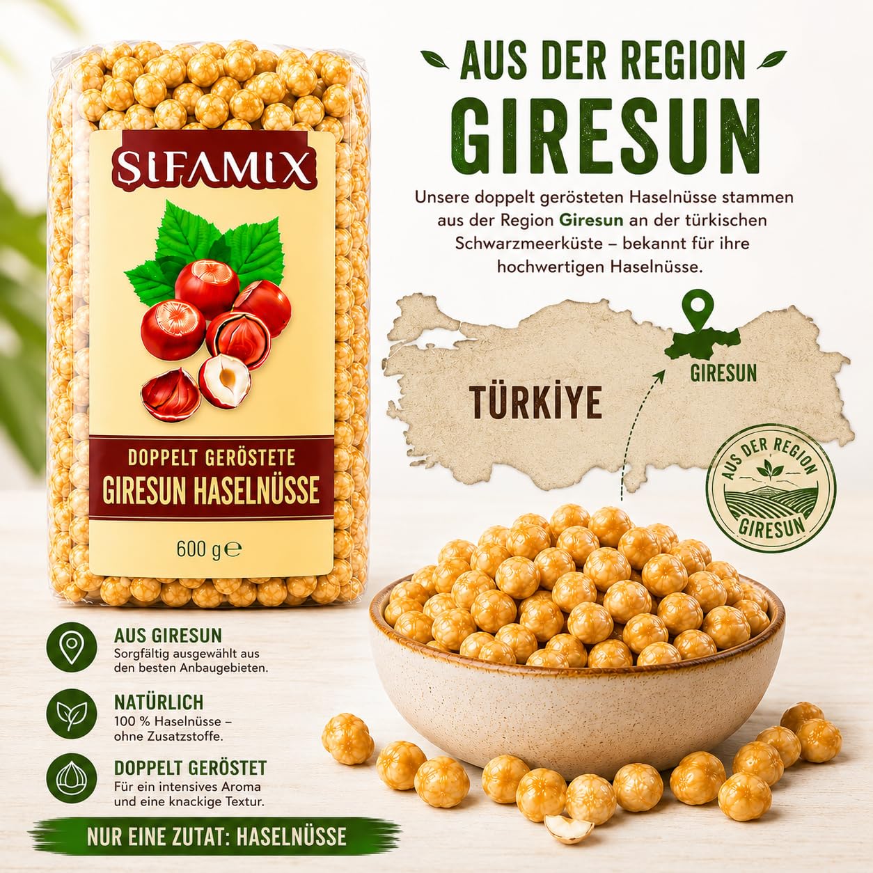 600 g Doppelt Geröstete Giresun Haselnüsse aus der Türkei – Ganze Haselnusskerne | Charakteristisches Aroma | Für Snacks, Desserts und Backwaren