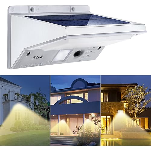 SALB Solar Light Outdoor Motion Sensor, LED Solar Powered Security Lights Stainless Steel for Backyard Patio Garage Pool Side IP65 Waterproof 3 Modes Super Bright Warm Lights