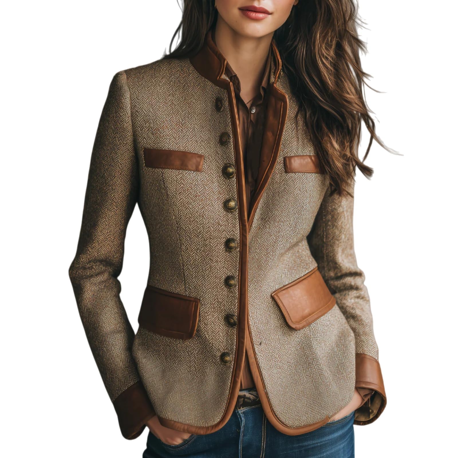 Blazer in tweed da donna vintage a spina di pesce blocco colore velluto Trim risvolto manica lunga bottone corto cappotto da lavoro elegante