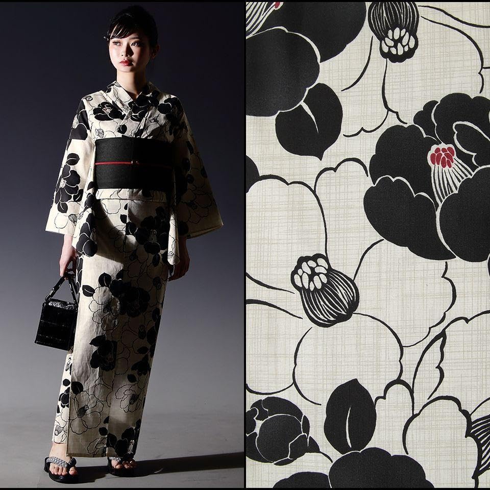 【浴衣3点セット】生成りに白黒椿 美品 フリーサイズ 新品未使用品 浴衣3点セット】 生成りに白黒椿 フリーサイズ ファッション