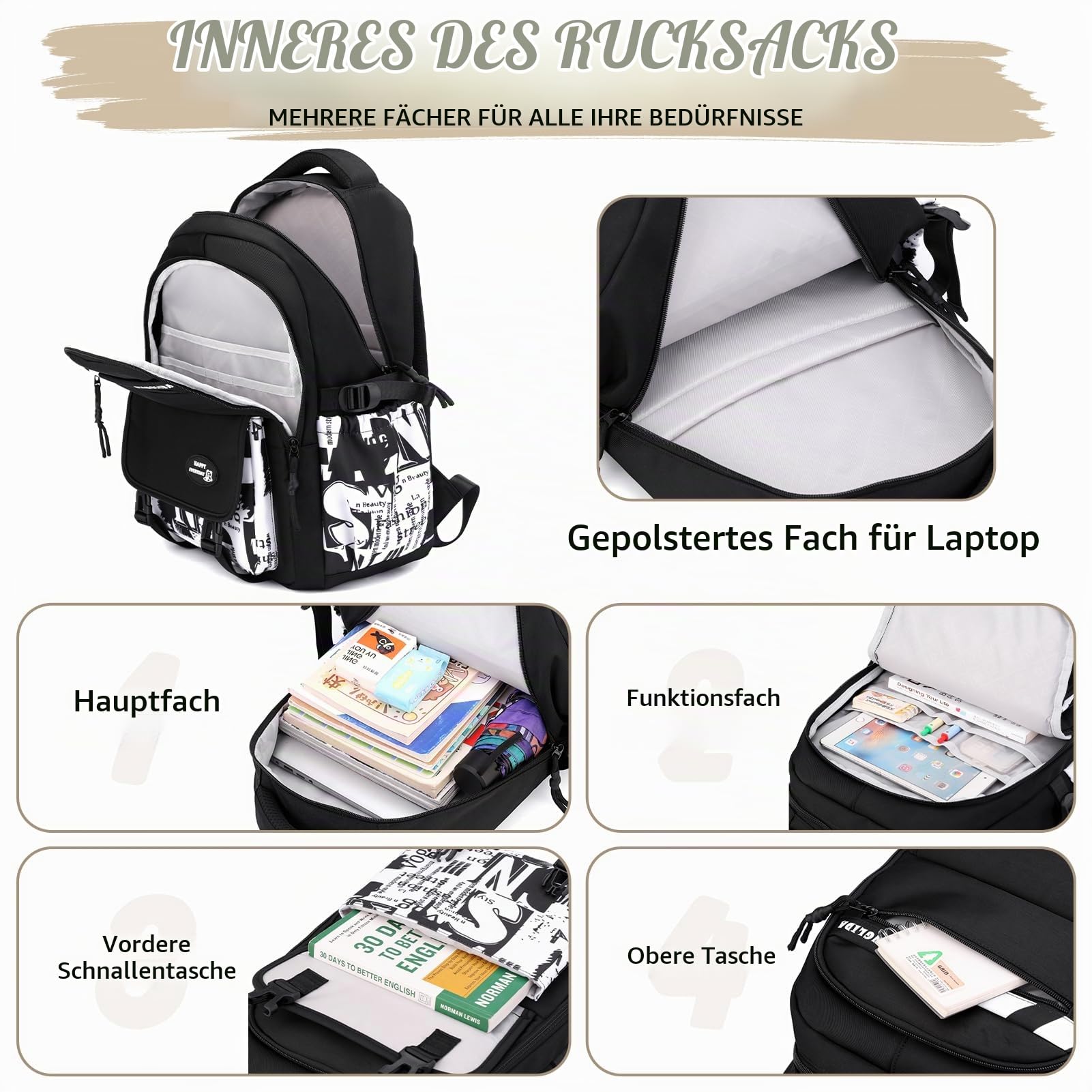 Tanou Schulrucksack Jungen Teenager, Graffiti Druck Schultasche 10-18 Jahre