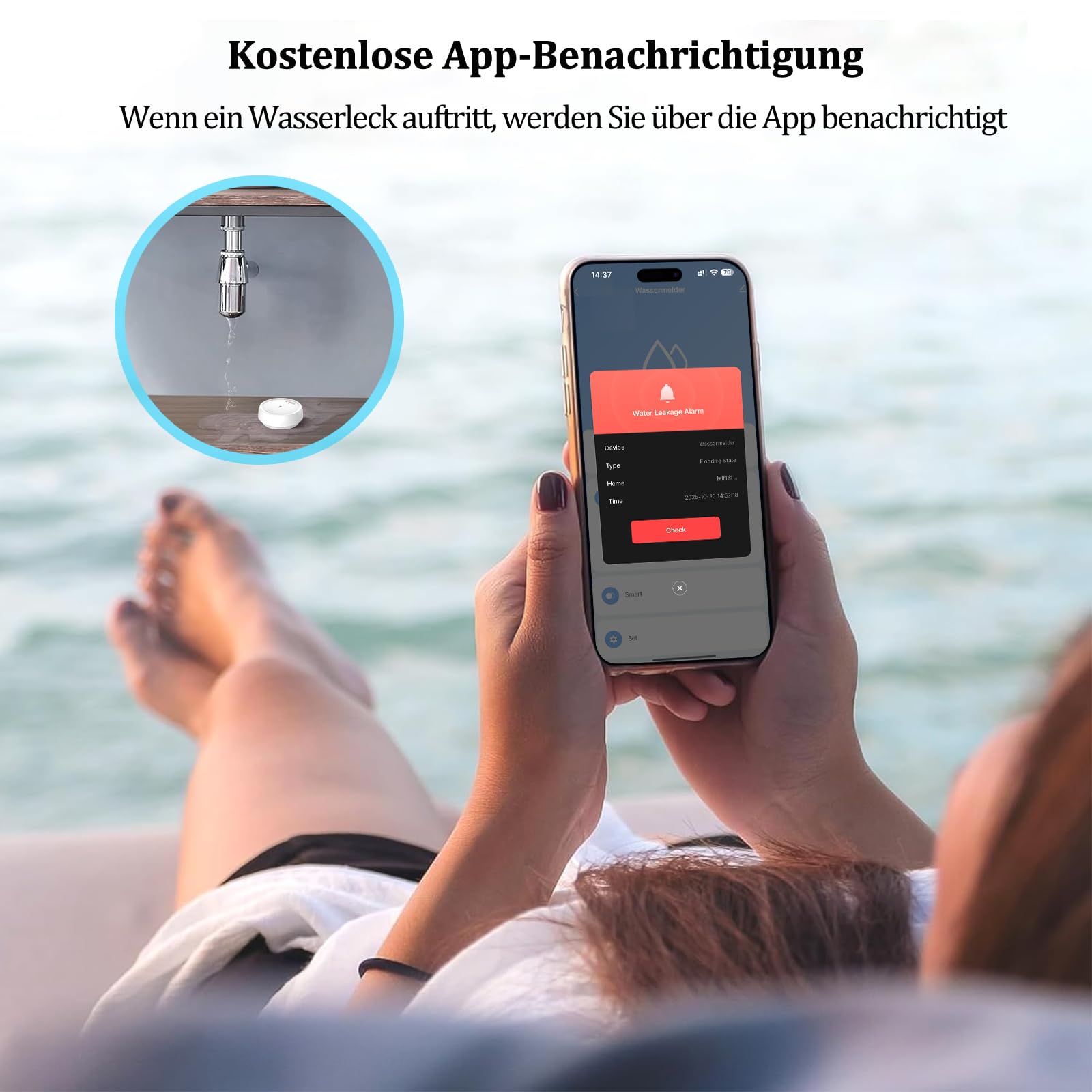 3Pack Wassermelder WLAN mit Batterie, IP66 Wassersensor, 80dB Wasseralarm Kompatibel mit Tuya/Smart Life App, Wasserwächter für Küchen, Bäder, Keller