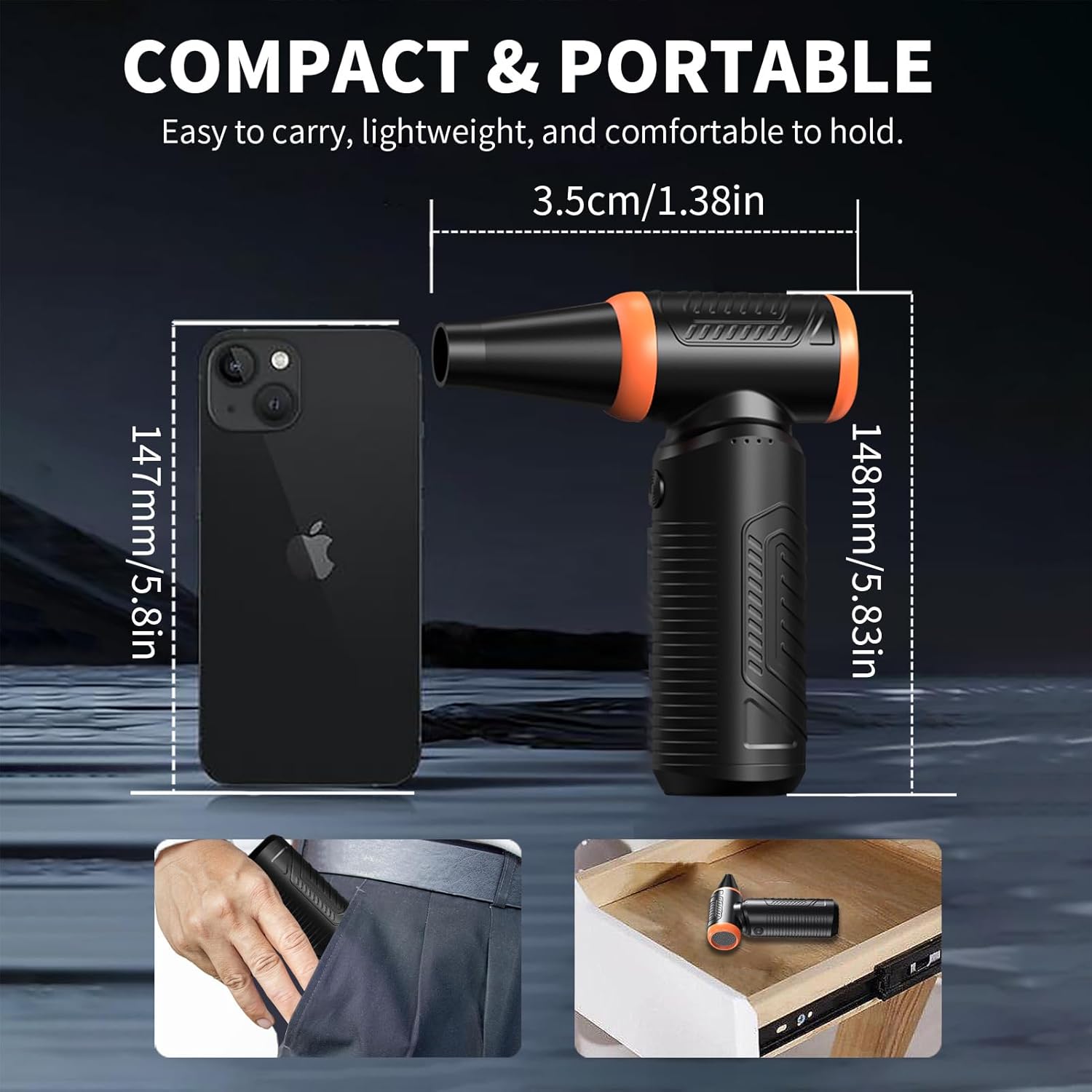 Electric Compressed Air Duster, Rechargeable Cordless Air Blower Jet Fan, Powerful 3 Gear Adjustable Portable Mini Dust Blower Dryer Cleaner for Keyboard, PC, Computer, Car, Home and Outdoor