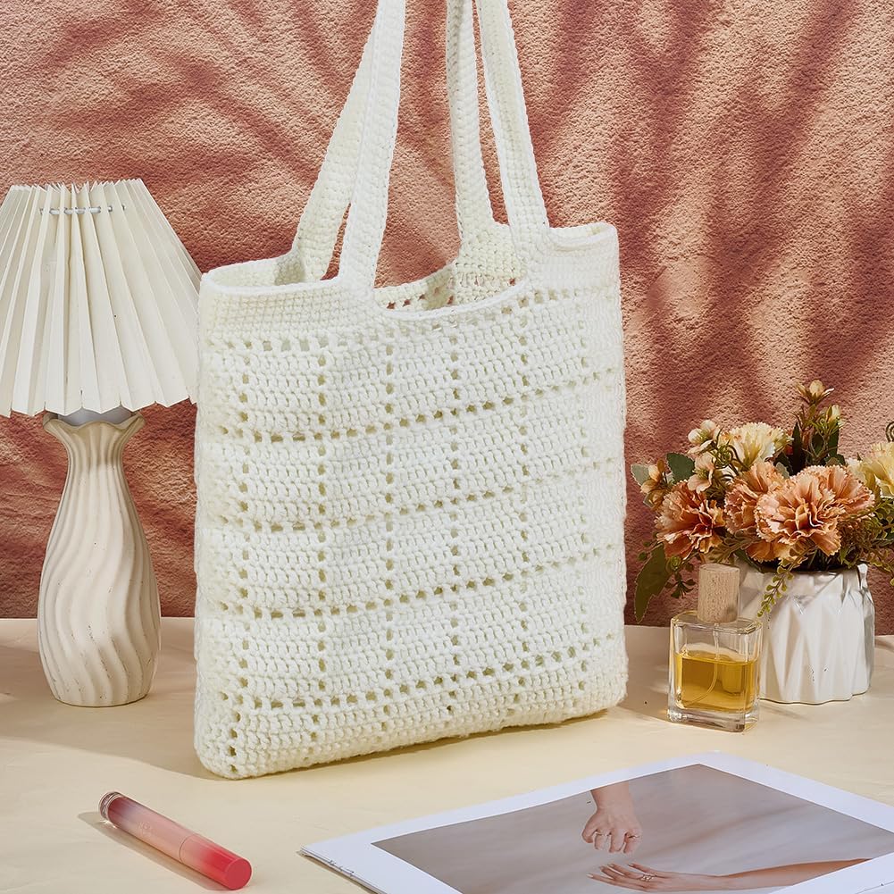 ACRNIGHEET Crochet Bag Kit for Beginners Crochet Purse for Women DIY Tote Bag Making Kit with English Tutorials Knitting Supplies for Adults Crafts Autumn Winter Boho Gift Idea (White)