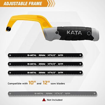 KATA 10 Inch Aluminum Frame Compact Hand Operate Mini Hack Saw,Small Hand Saw Hacksaw for Wood and Metal,2pc Extra Flexible Bi-Metal HSS Blades Included