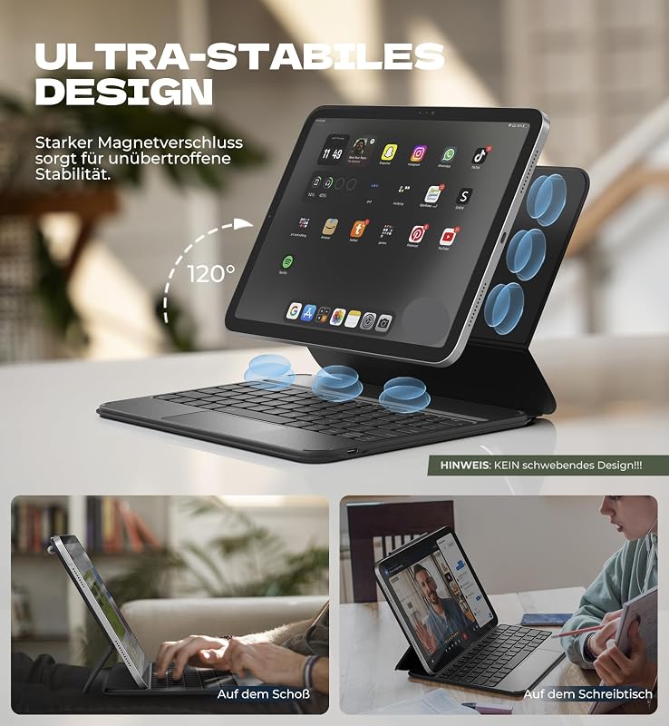 Husă cu tastatură Dexnor pentru iPad 11 și 10 gen, carcasă magnetică cu touchpad și suport pentru creion, QWERTZ, negru, 11 și 10,9, 2025 și 2022