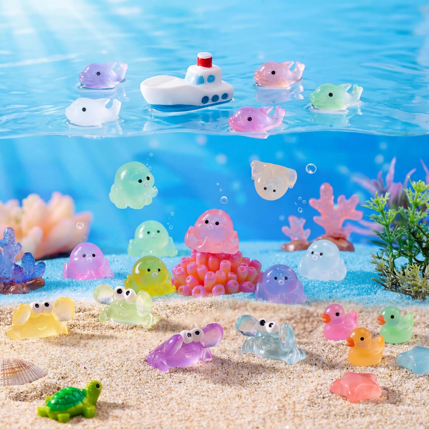 Barydat 300 Pcs Luminous Mini Ocean Resin Animals Figures Tiny Sea Miniature Figures Glow in the Dark Charms for Aquariums Fish Tank Micro Landscape Garden Decoration DIY Craft DollhouseSupplies