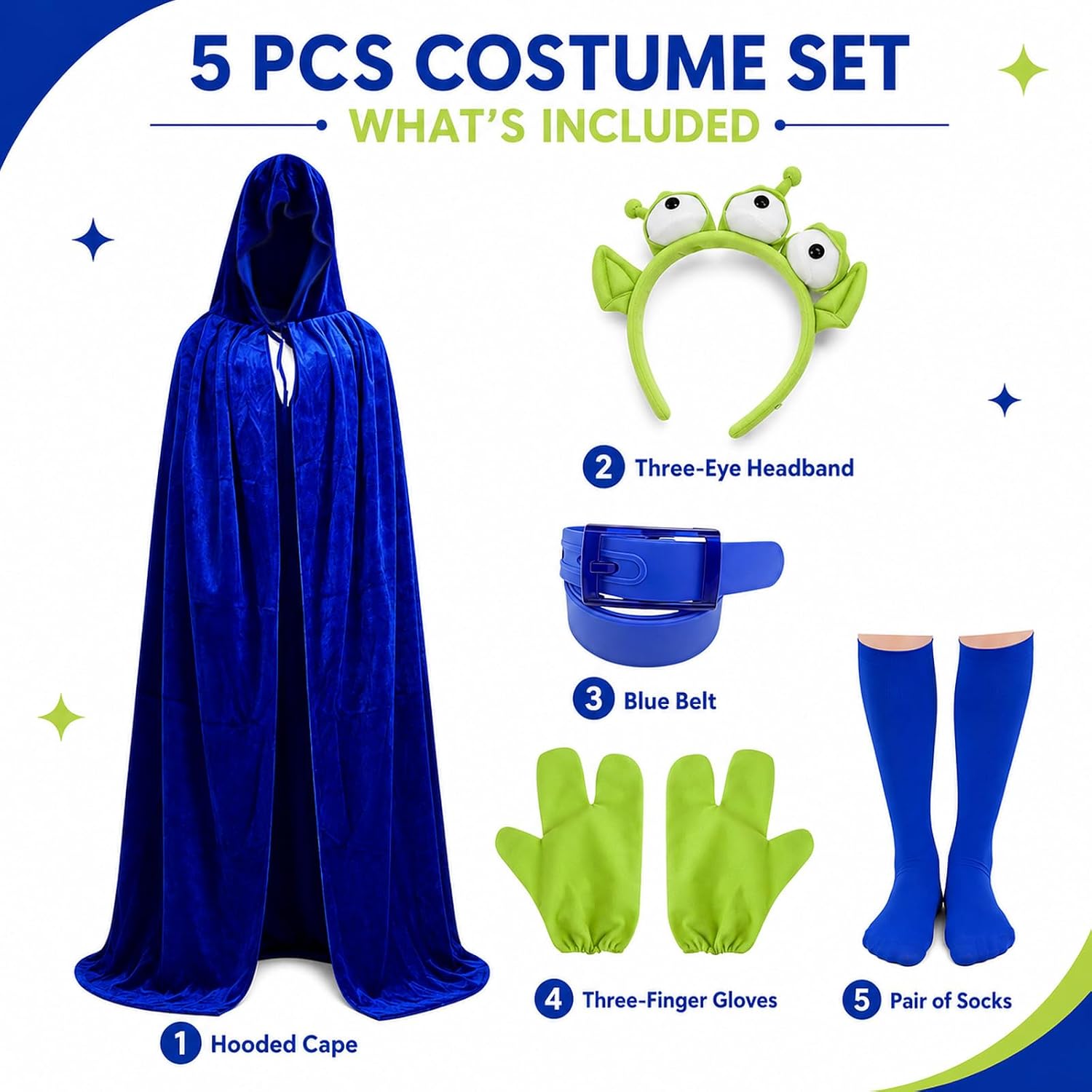 Alien Plush Headband Costumes Adult Monster Three-Eyed Outfit Accessories Blue Cape Gloves Belt Socks Halloween Party Cosplay