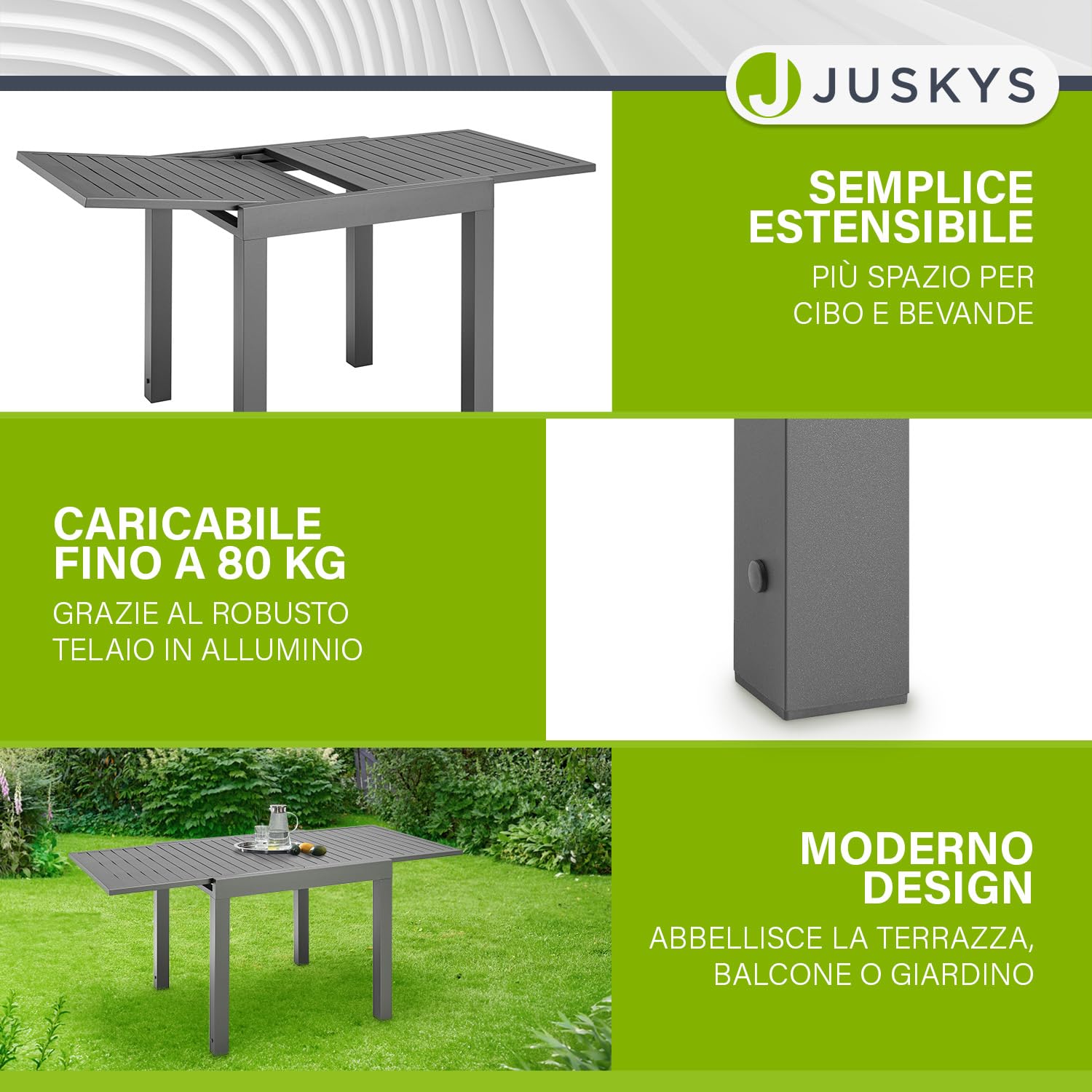 Juskys tavolino da giardino Laki allungabile da 70x70 cm – Tavolo in alluminio – Grande piano – Antracite