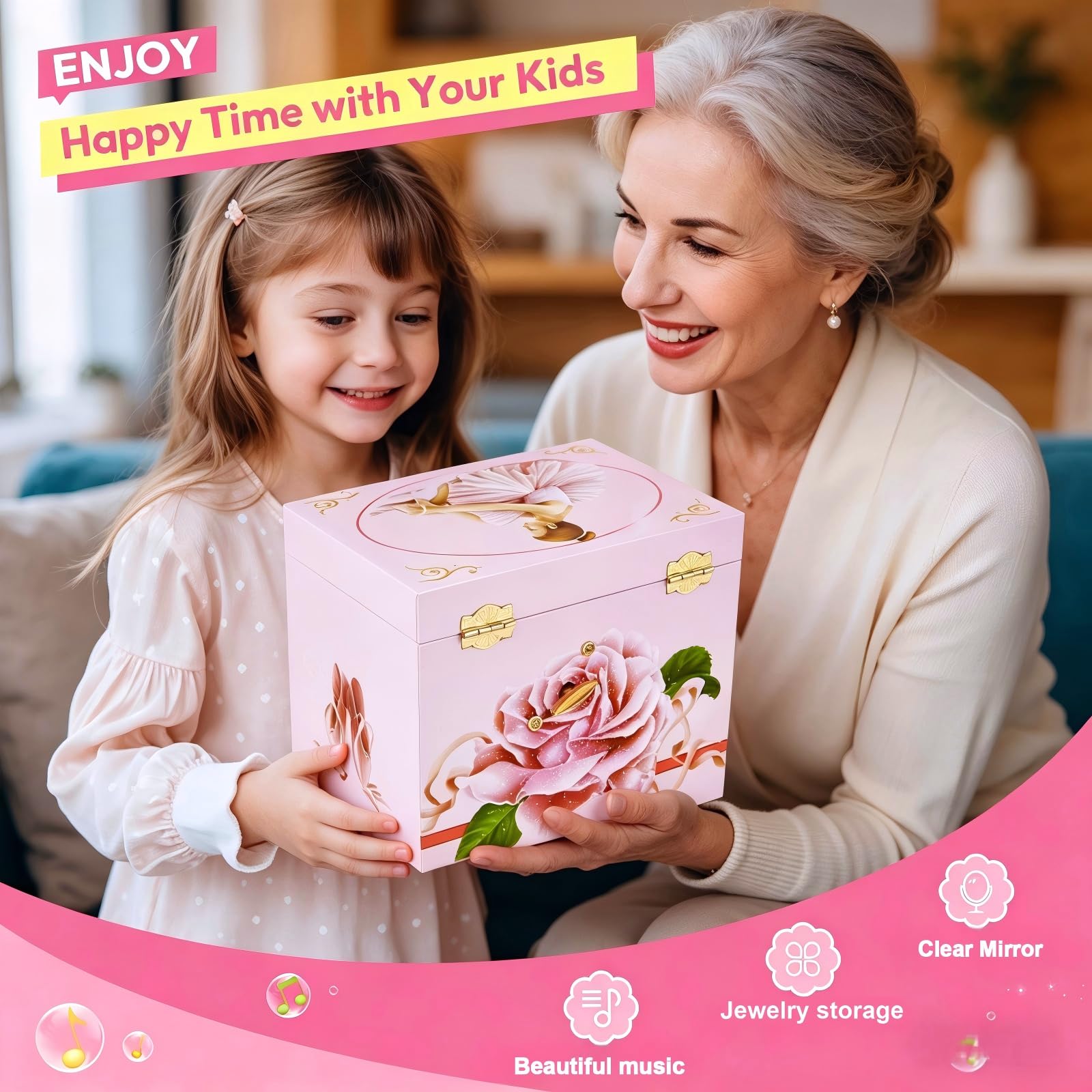 Joyero musical para niñas con 2 cajones, caja de música de regalo para niñas con bailarina giratoria para edades de 3 a 12 años, almacenamiento de joyas para niños