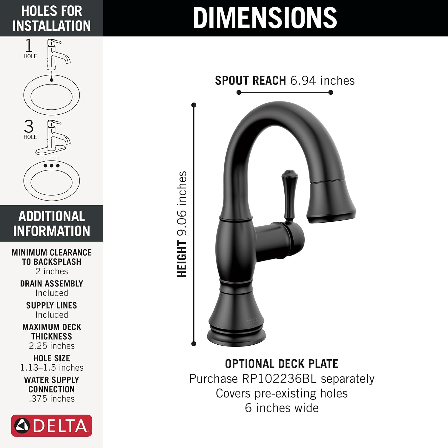 Delta Cassidy 1 Hole Matte Black Bathroom Faucet with Sprayer, Single Hole Bathroom Sink Faucet with Pull Down Sprayer for Vanity, Push-Pop Drain, Matte Black 597-BLPD-DST