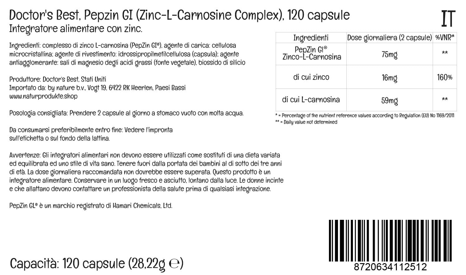 Doctor's Best, PepZinGl, Complesso di Zinco-L-Carnosina, 120 Capsule vegane, Testato in Laboratorio, Minerali, Senza Glutine, Senza Soia, Vegetariano