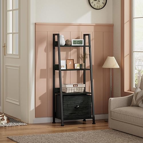 Vista 24 de Furologee Estantería de escalera blanca de 4 niveles, estantería de escalera con cajón extraíble, estante de almacenamiento organizador