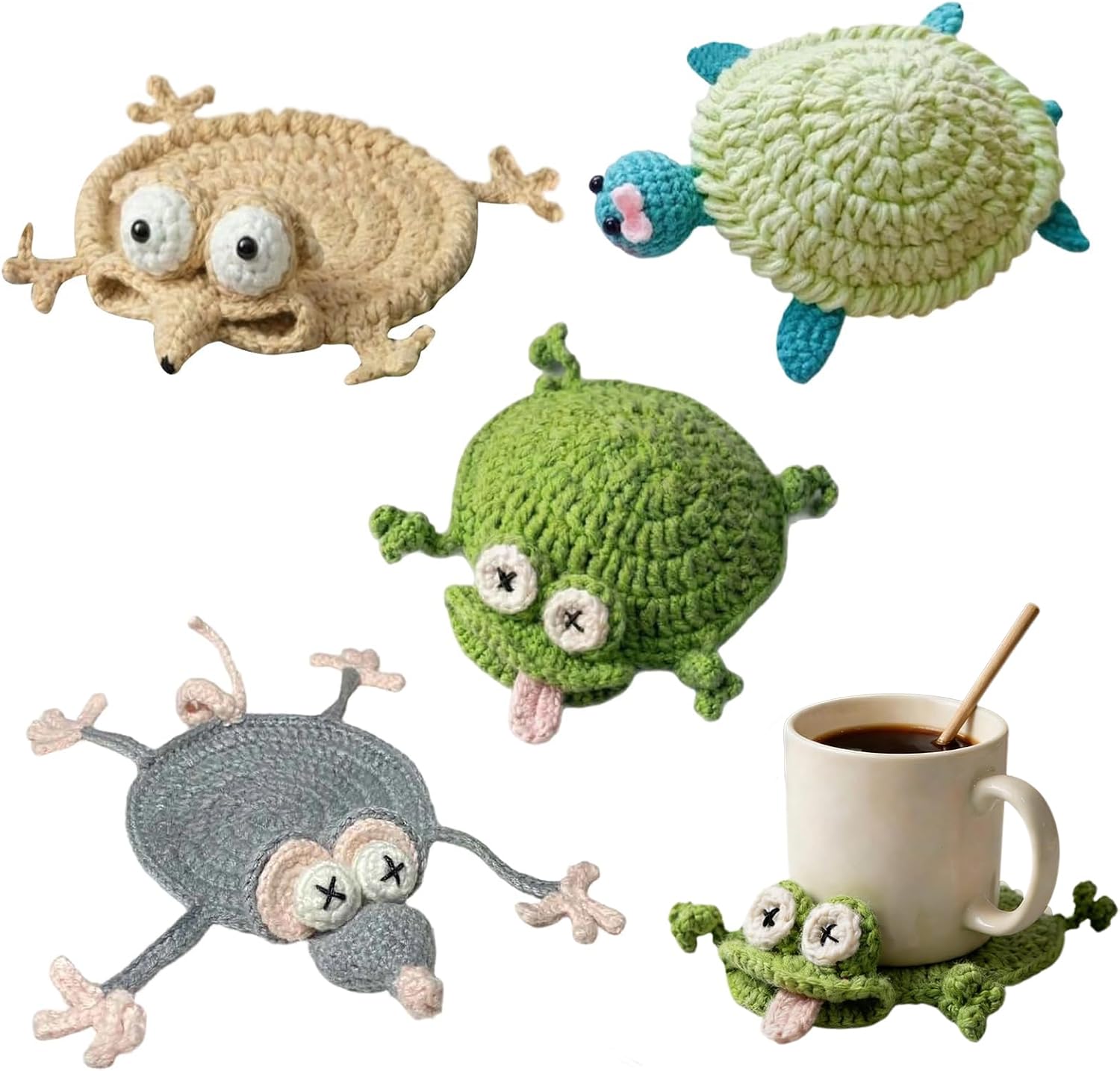 4pcs Animal Crochet Coasters, 3D Funny Animal Mug Rug Drink Coaster Desk Accessories, Fun Soft Decorative Drink Coaster for Home Decor and Tabletop Protection (4pcs)